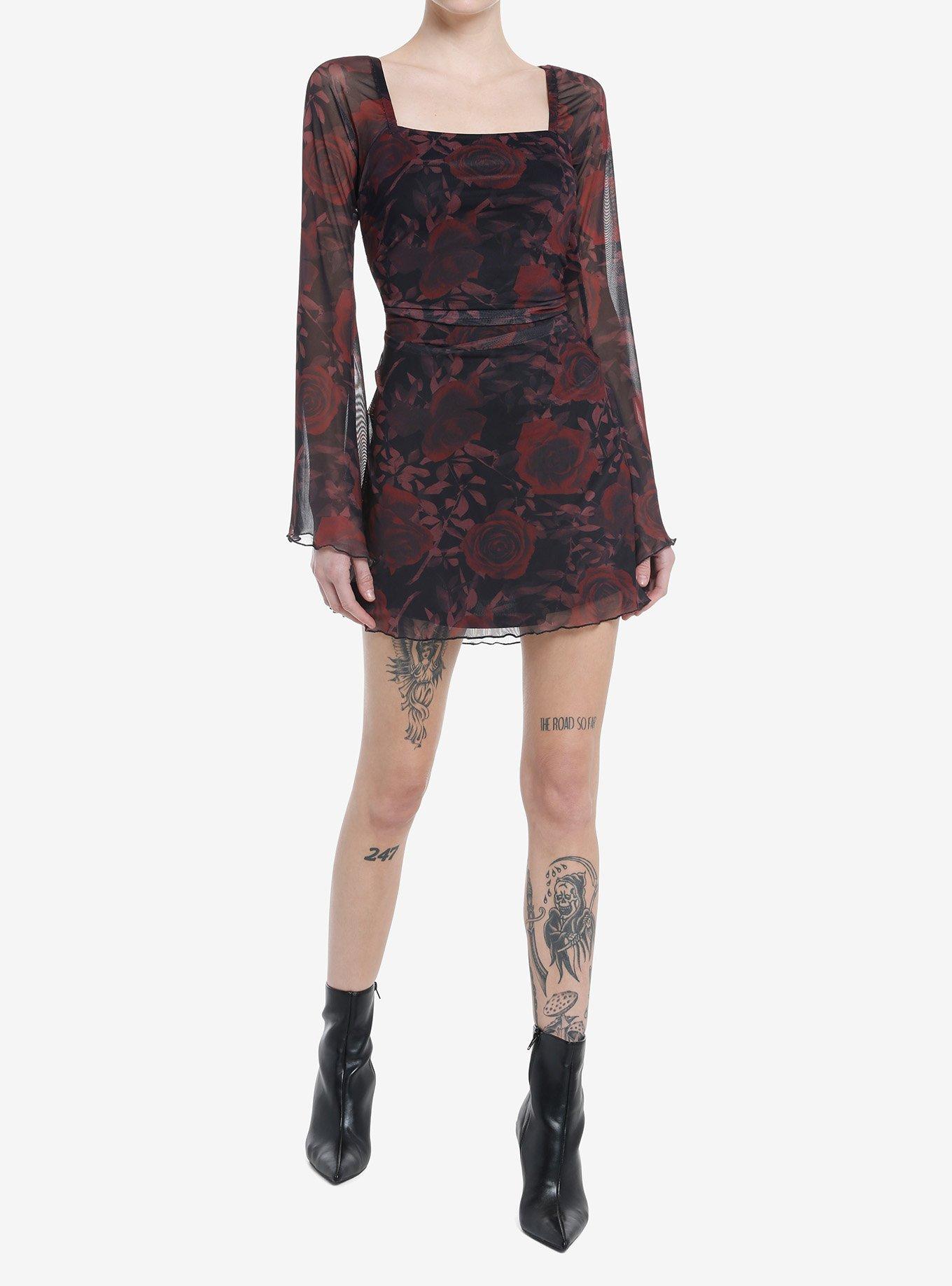 Cosmic Aura Dark Rose Bell Sleeve Dress, RED, alternate