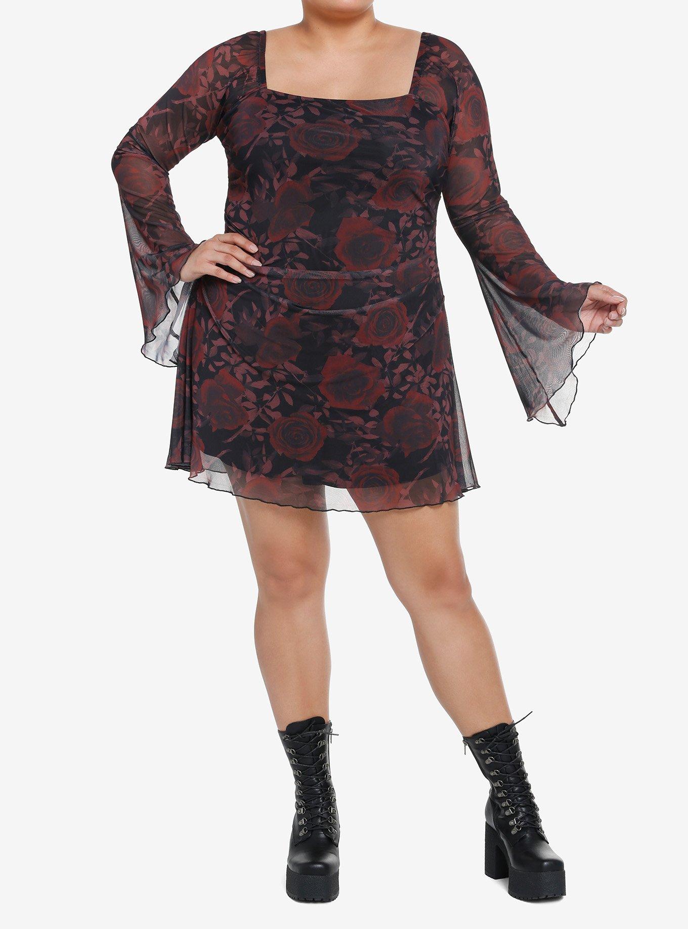 Cosmic Aura Dark Rose Bell Sleeve Dress Plus Size, RED, alternate