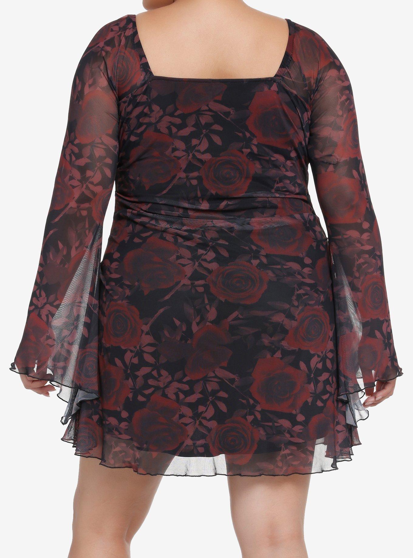 Cosmic Aura Dark Rose Bell Sleeve Dress Plus Size, RED, alternate