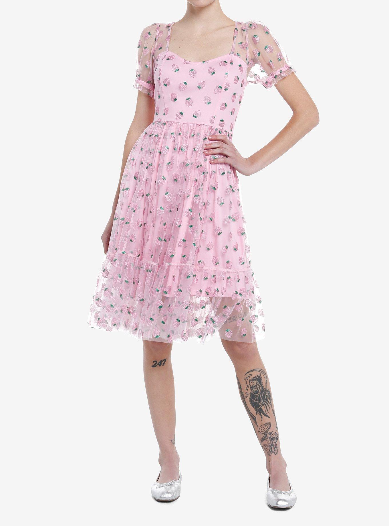 Sweet Society Pink Strawberries Mesh Puff Sleeve Dress, PINK, alternate