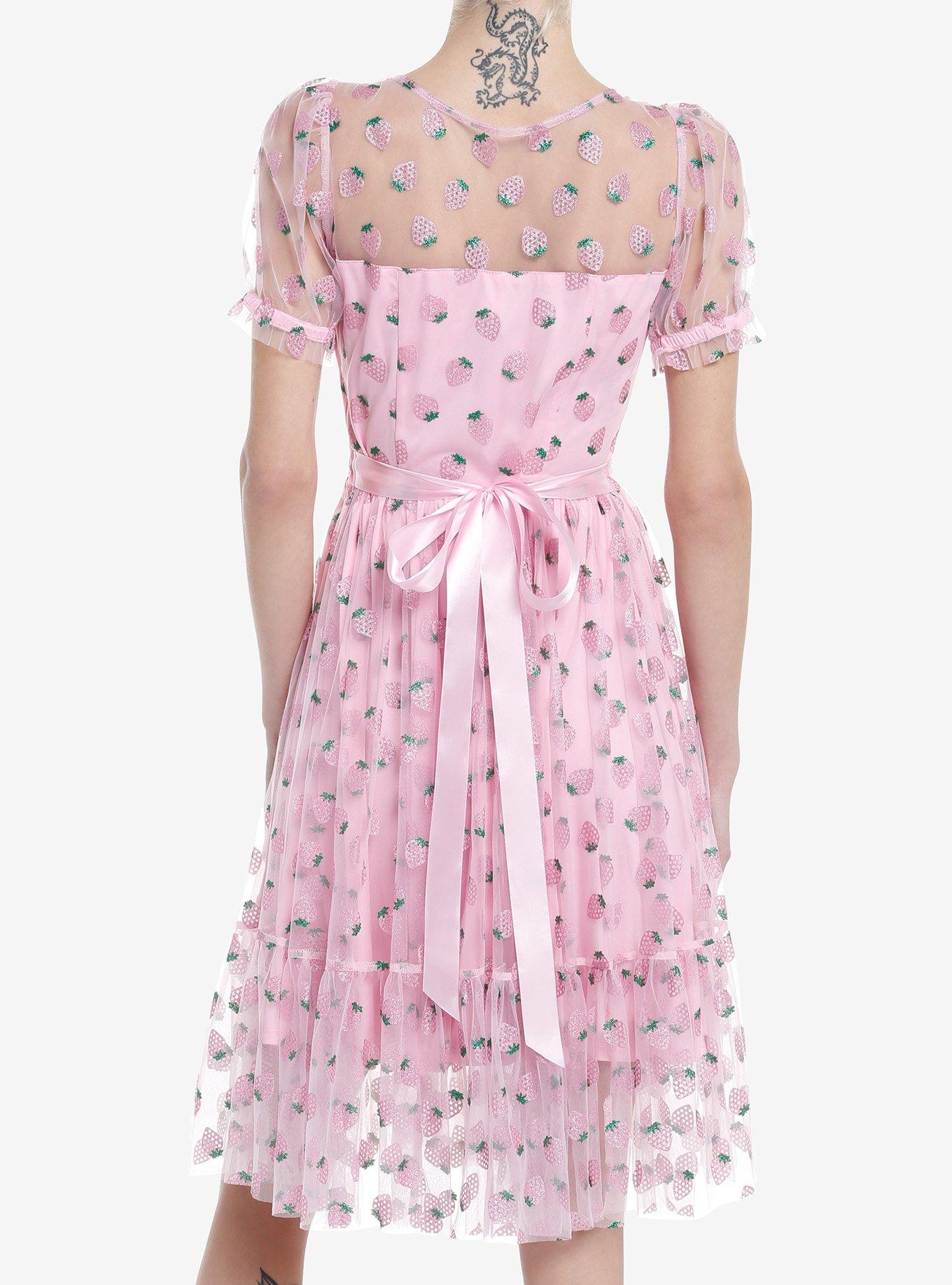 Sweet Society Pink Strawberries Mesh Puff Sleeve Dress, PINK, alternate