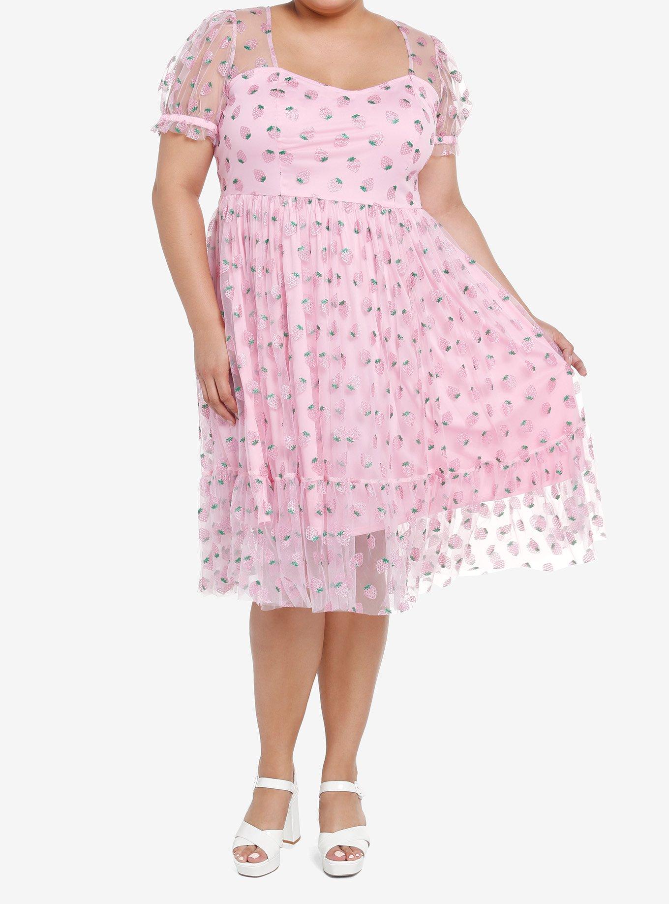 Sweet Society Pink Strawberries Mesh Puff Sleeve Dress Plus Size, PINK, alternate