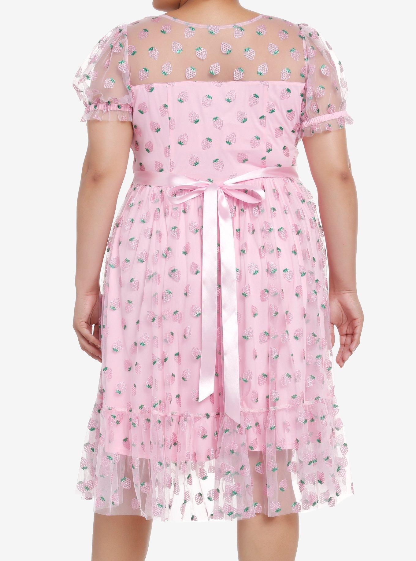 Sweet Society Pink Strawberries Mesh Puff Sleeve Dress Plus Size, PINK, alternate