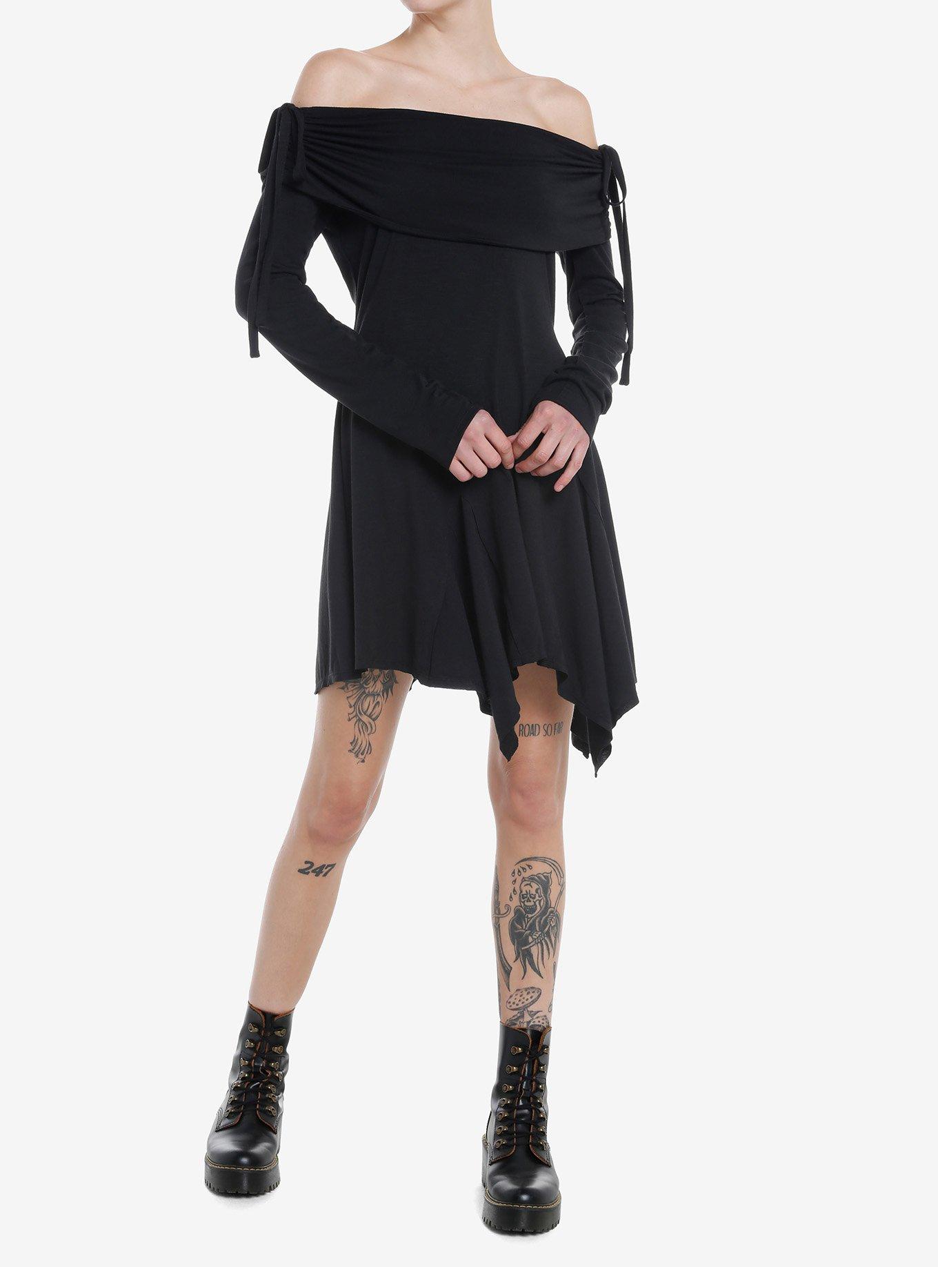 Thorn & Fable Black Hanky Hem Off-The-Shoulder Dress, BLACK, alternate