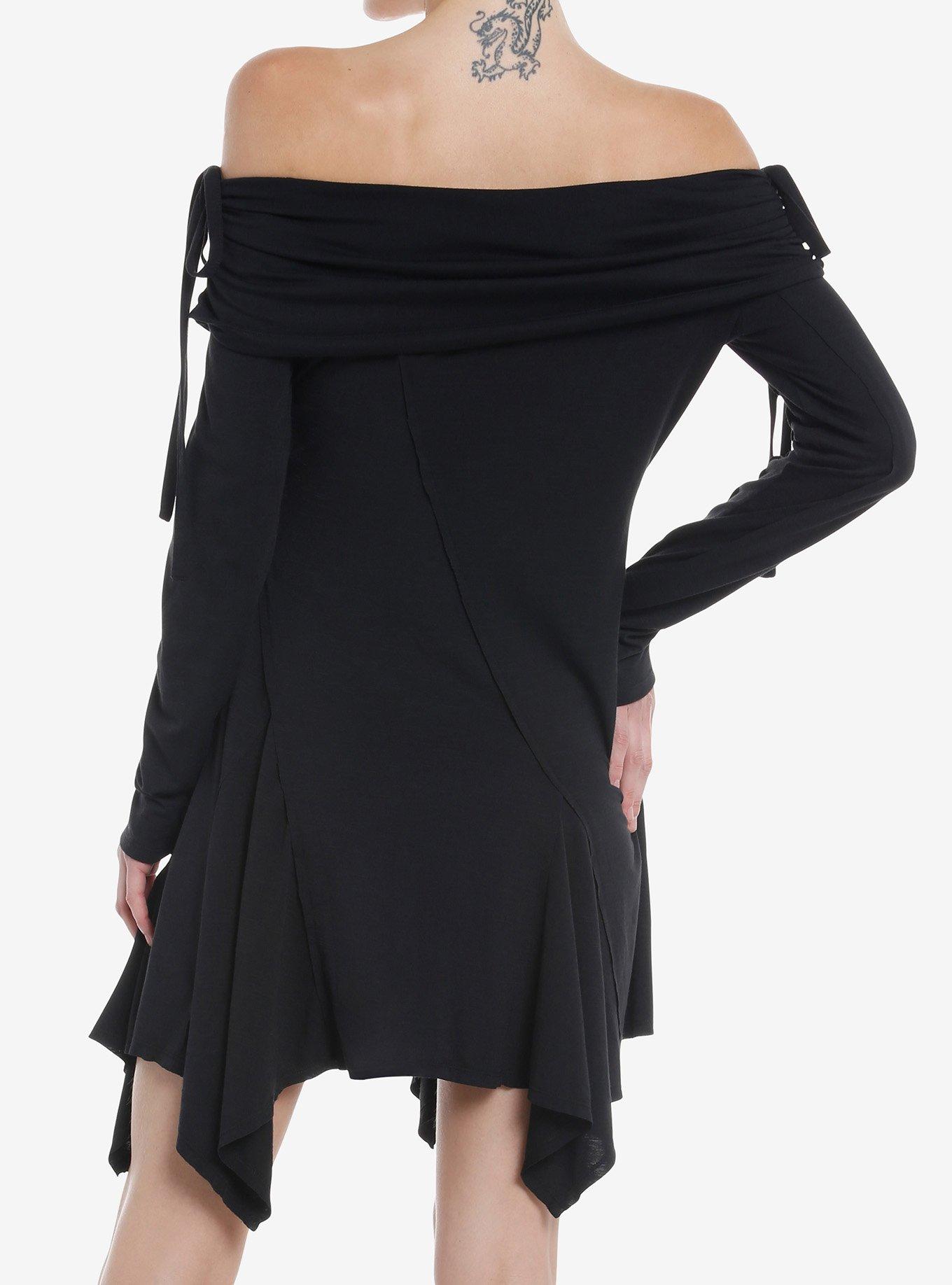 Thorn & Fable Black Hanky Hem Off-The-Shoulder Dress, BLACK, alternate