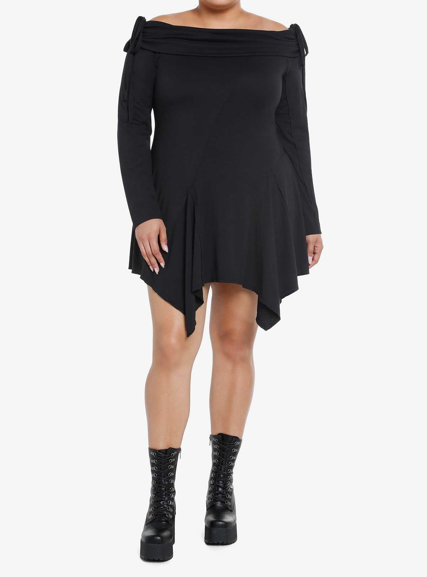 Thorn & Fable Black Hanky Hem Off-The-Shoulder Dress Plus Size, , hi-res