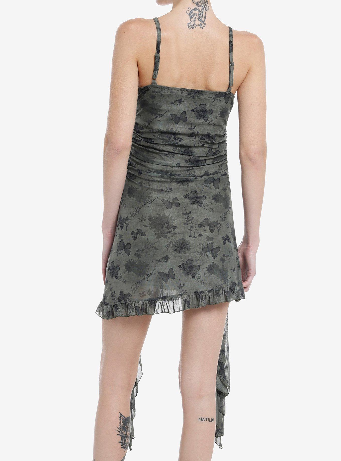 Green Butterflies & Flowers Asymmetrical Dress, GREEN, alternate