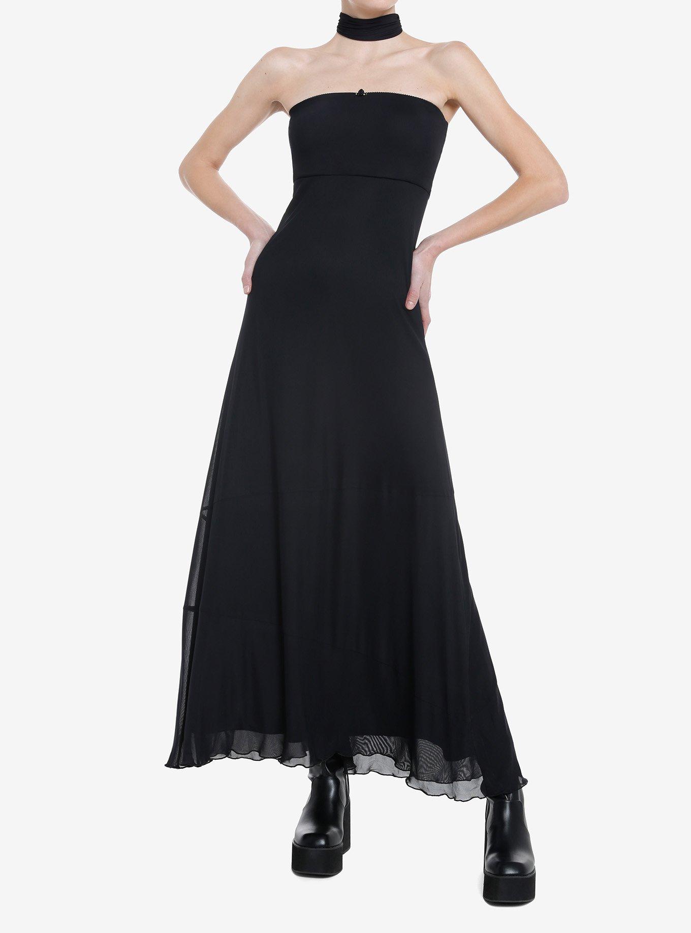 Cosmic Aura Black Neck Tie Strapless Maxi Dress, BLACK, alternate