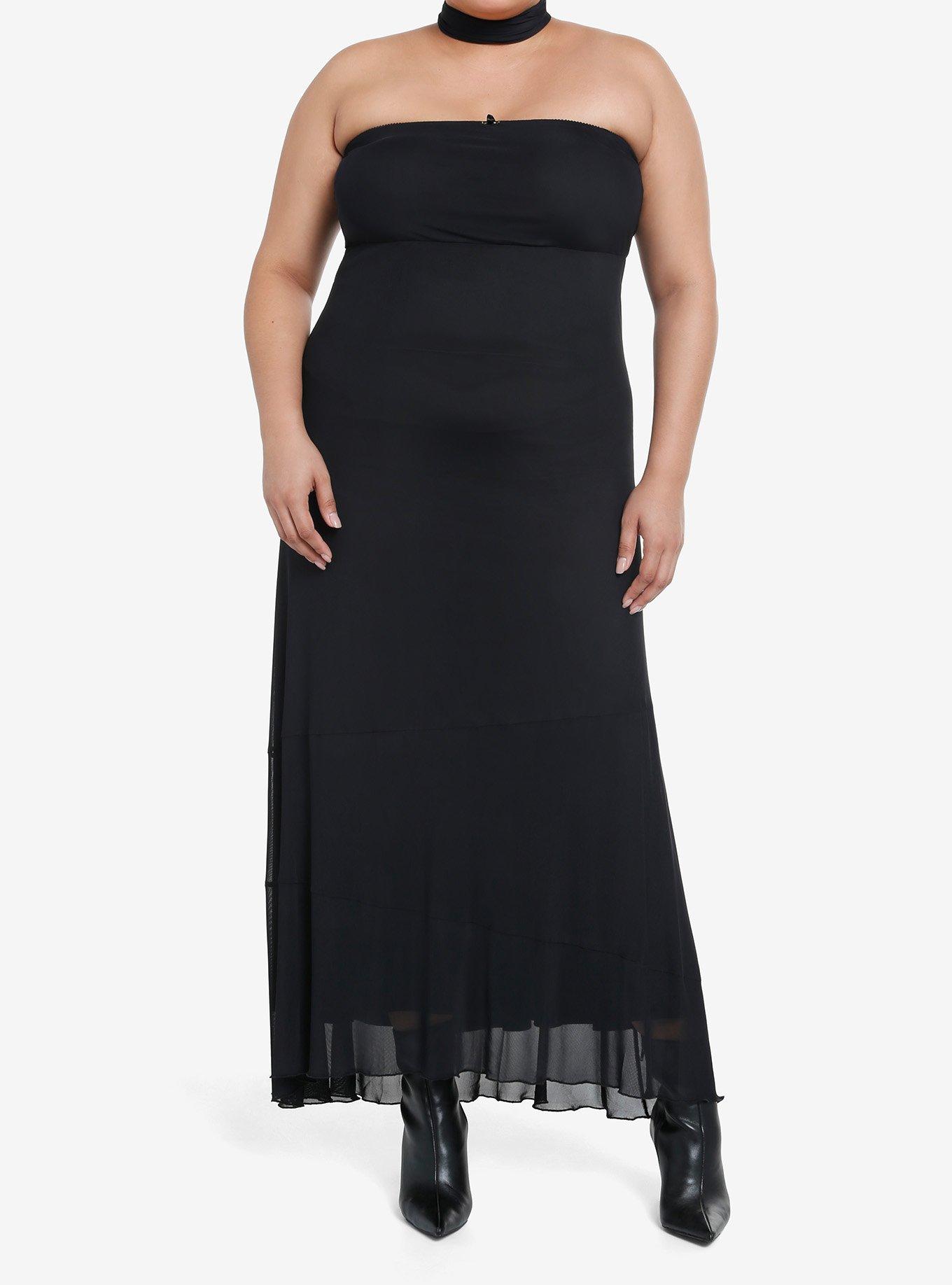 Cosmic Aura Black Neck Tie Strapless Maxi Dress Plus Size, BLACK, alternate