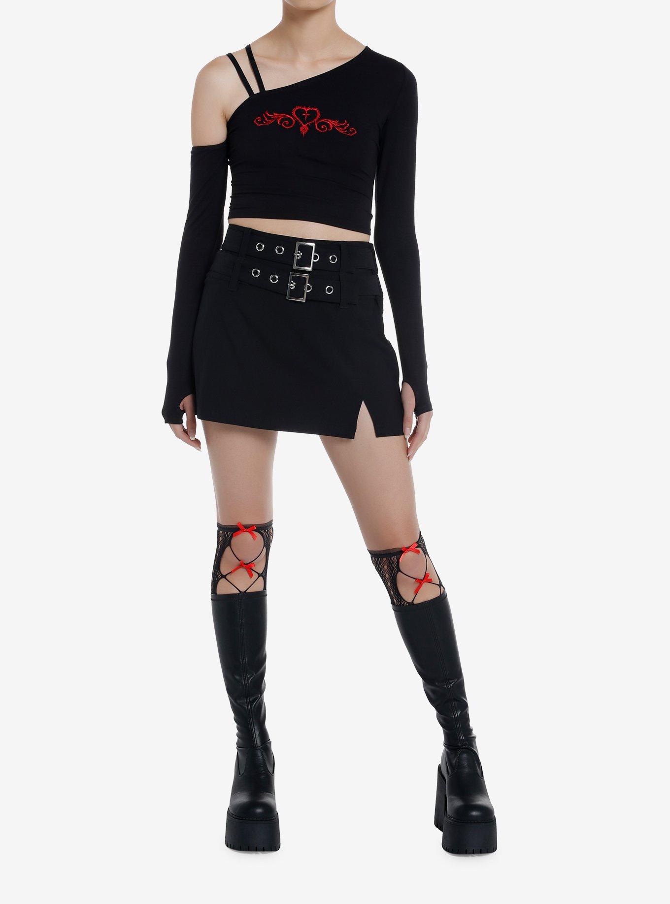 Black Double Grommet Belt Skirt, BLACK, alternate