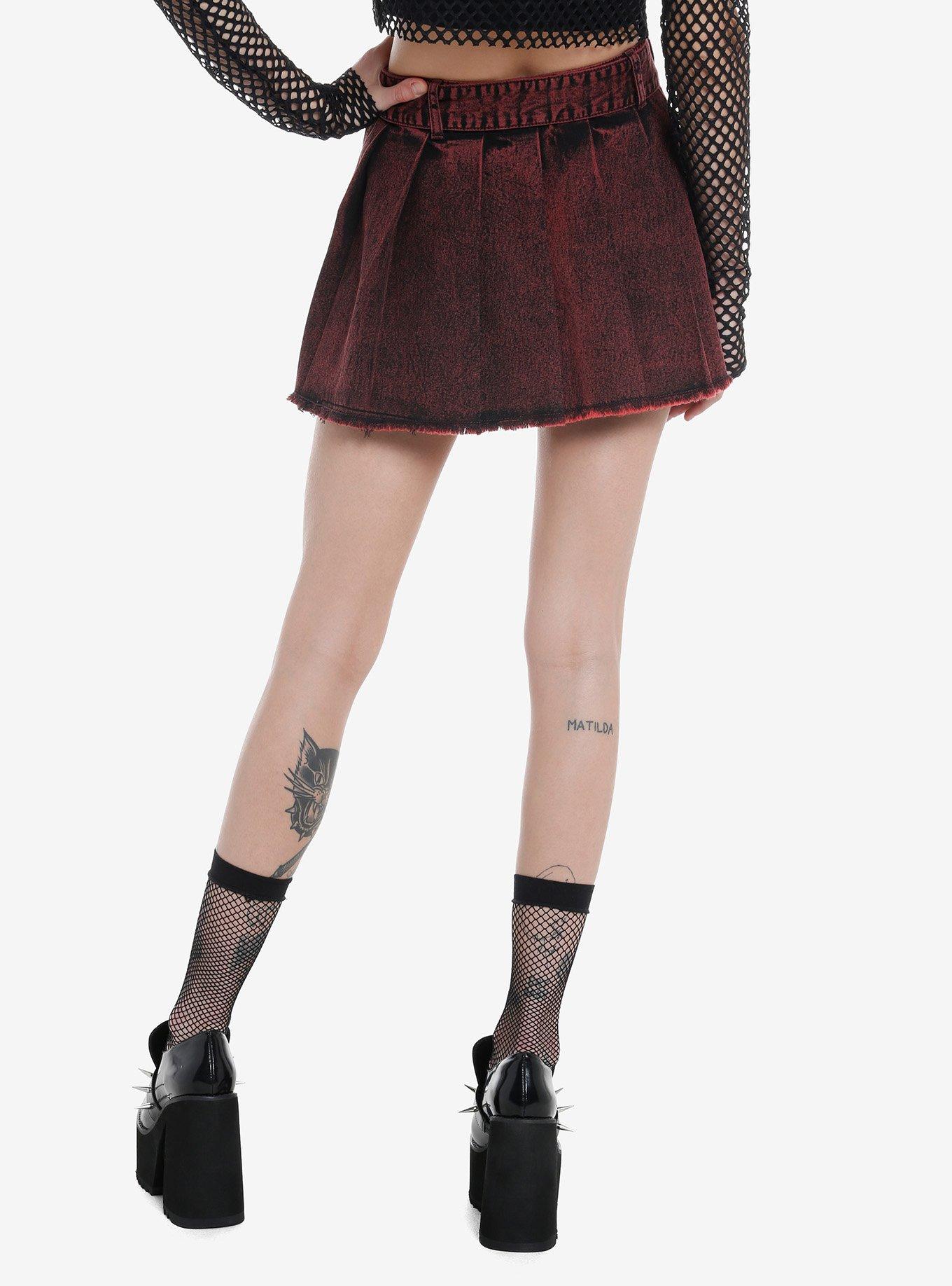 Social Collision Red Chain Pleated Denim Skirt, RED, alternate