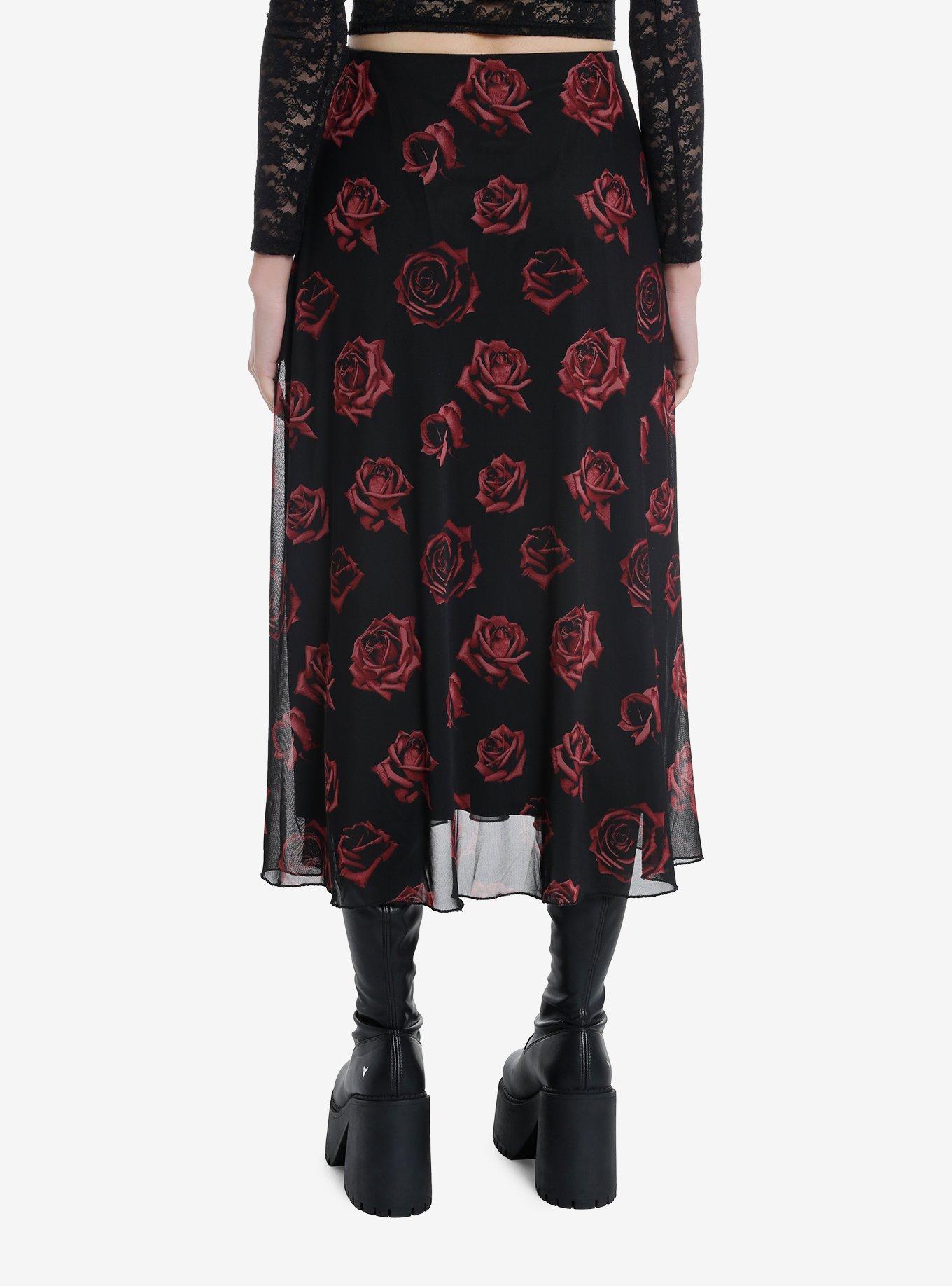 Cosmic Aura Red Rose Mesh Midi Skirt, , hi-res