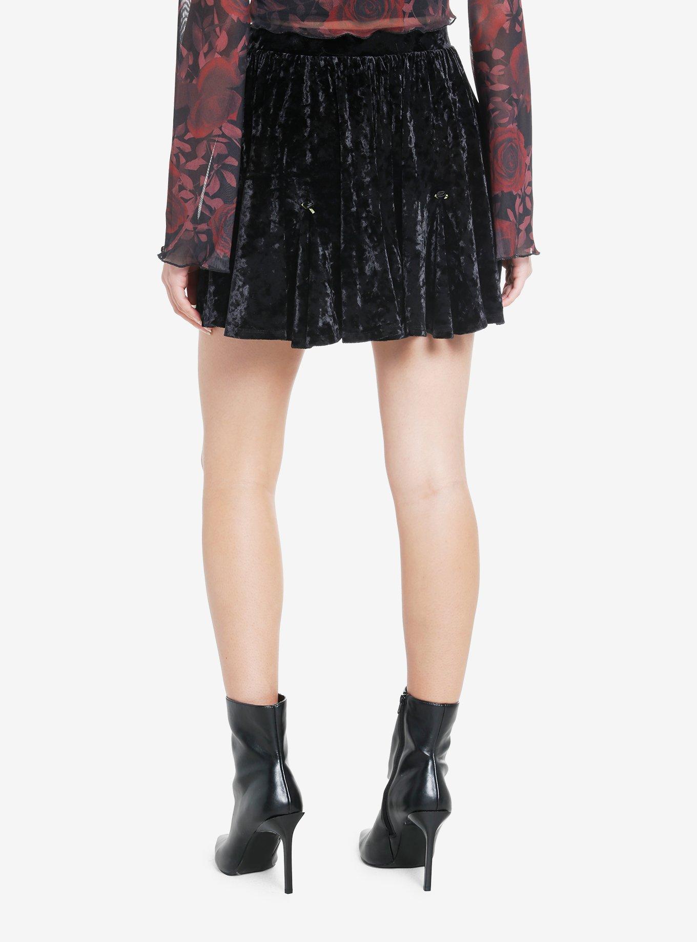 Cosmic Aura Black Velvet Rosette Godet Mini Skirt, BLACK, alternate
