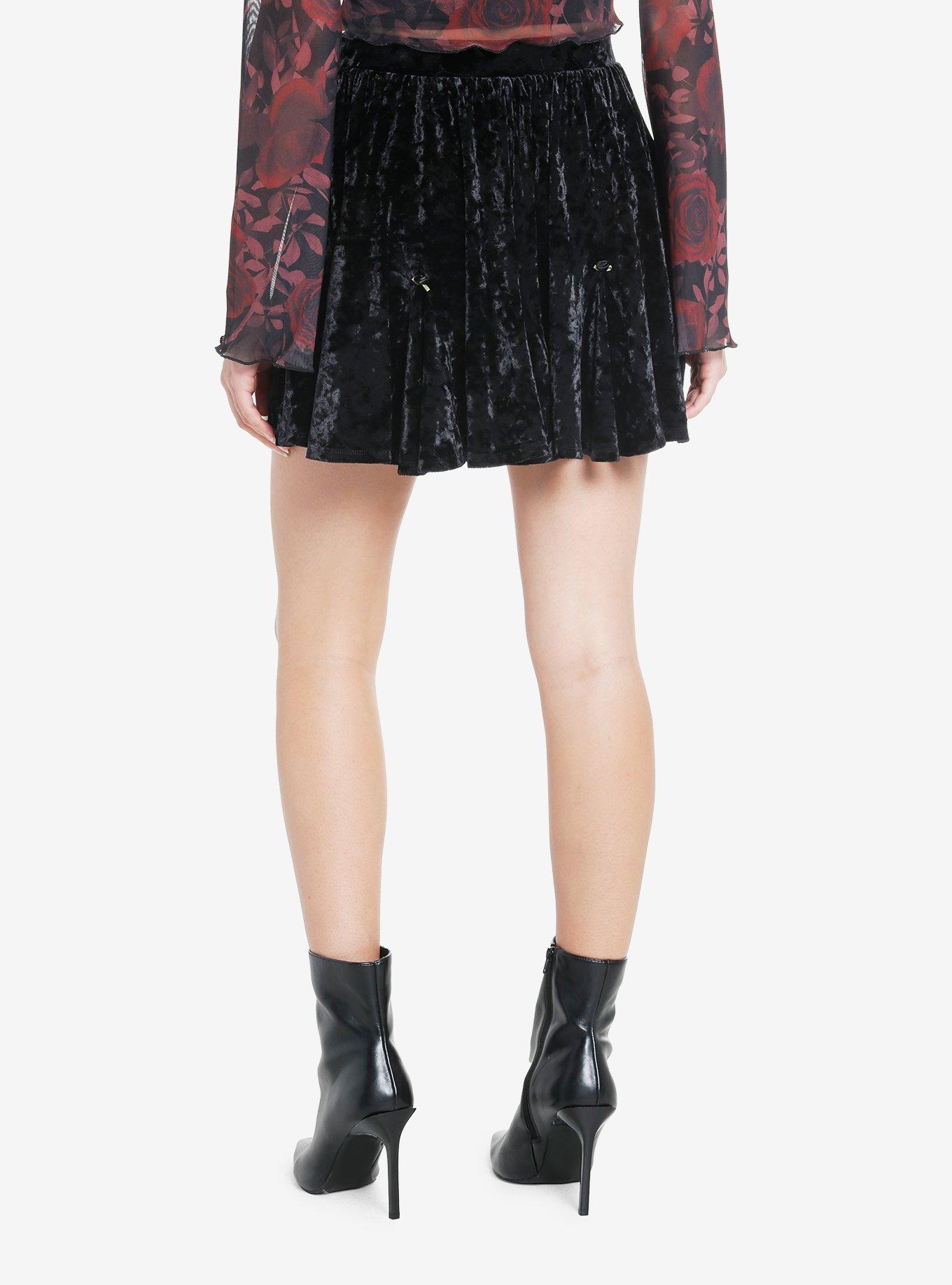 Cosmic Aura Black Velvet Rosette Godet Mini Skirt, BLACK, alternate - view 2