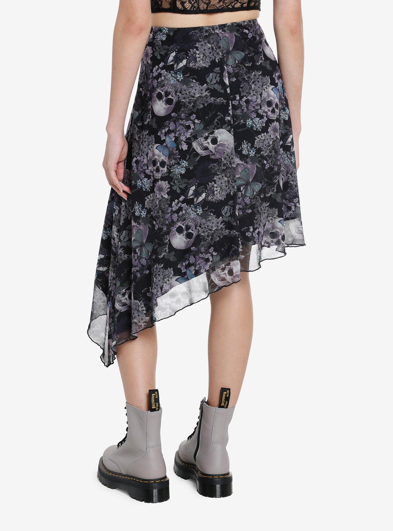 Thorn & Fable Skulls & Flowers Asymmetrical Midi Skirt, PURPLE, alternate