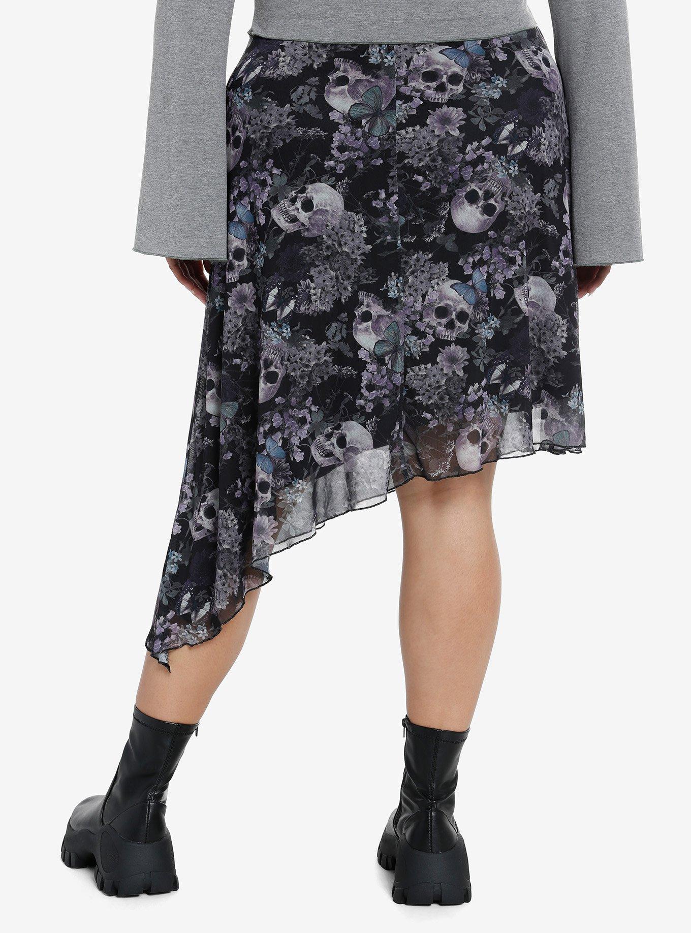 Thorn & Fable Skulls & Flowers Asymmetrical Midi Skirt Plus Size, , hi-res