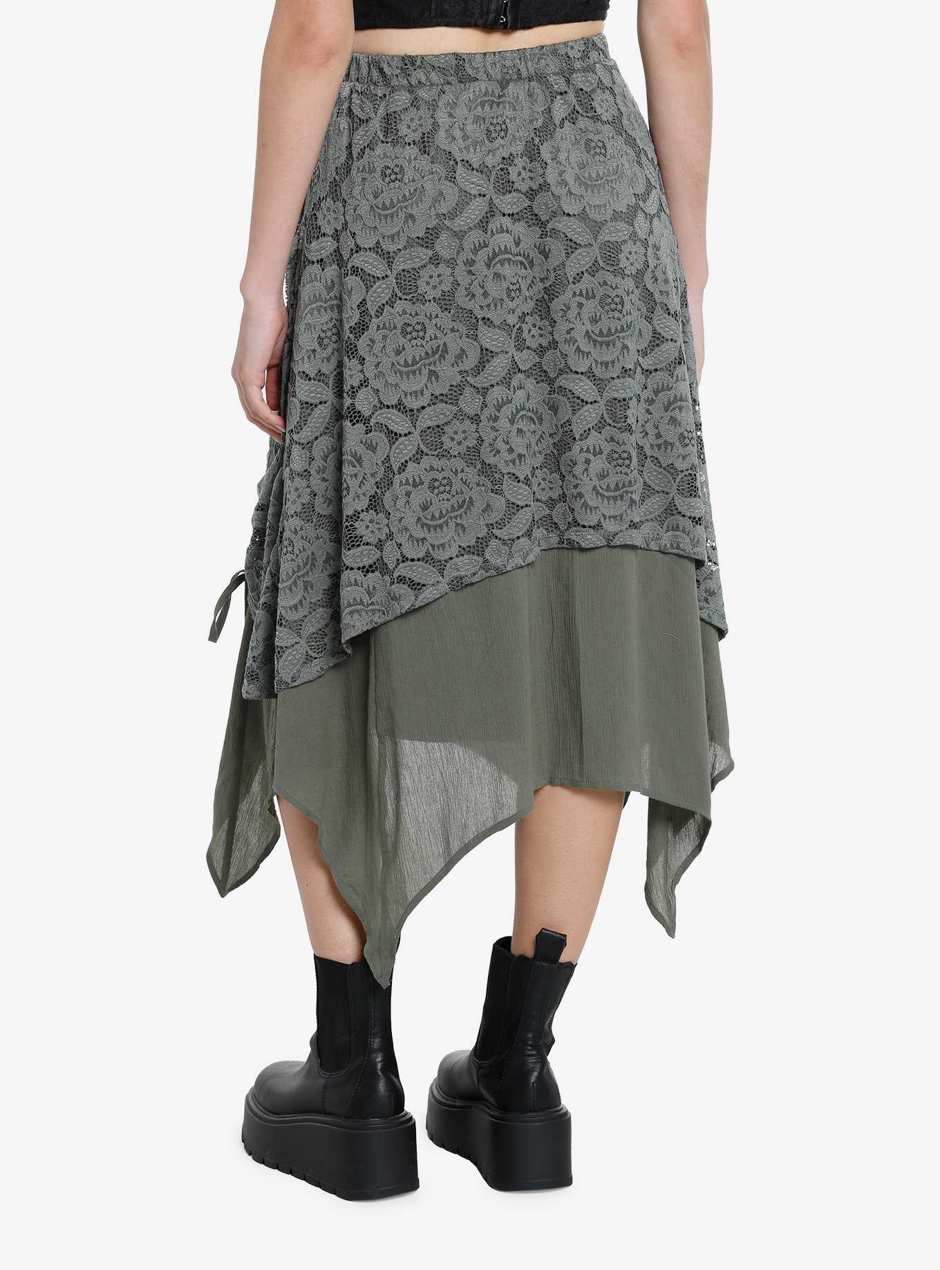 Thorn & Fable Green Lace Layered Ruched Midi Skirt, , hi-res