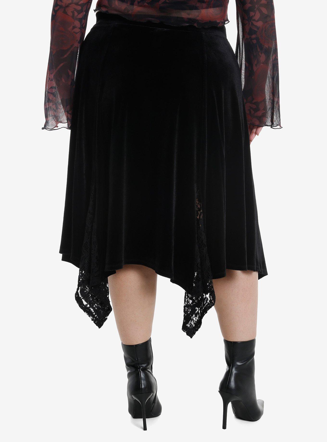Black Velvet Lace Godet Midi Skirt Plus Size, , hi-res