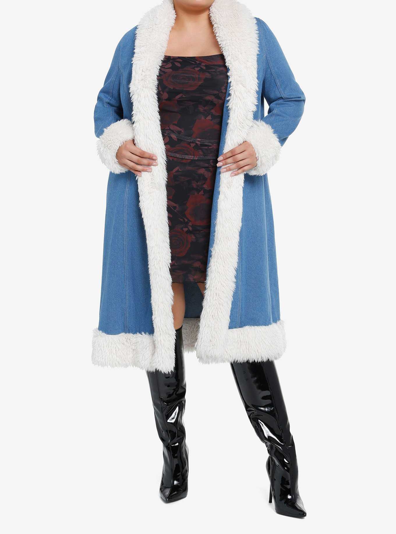 Social Collision Denim Fur Trim Girls Long Coat Plus Size, , hi-res