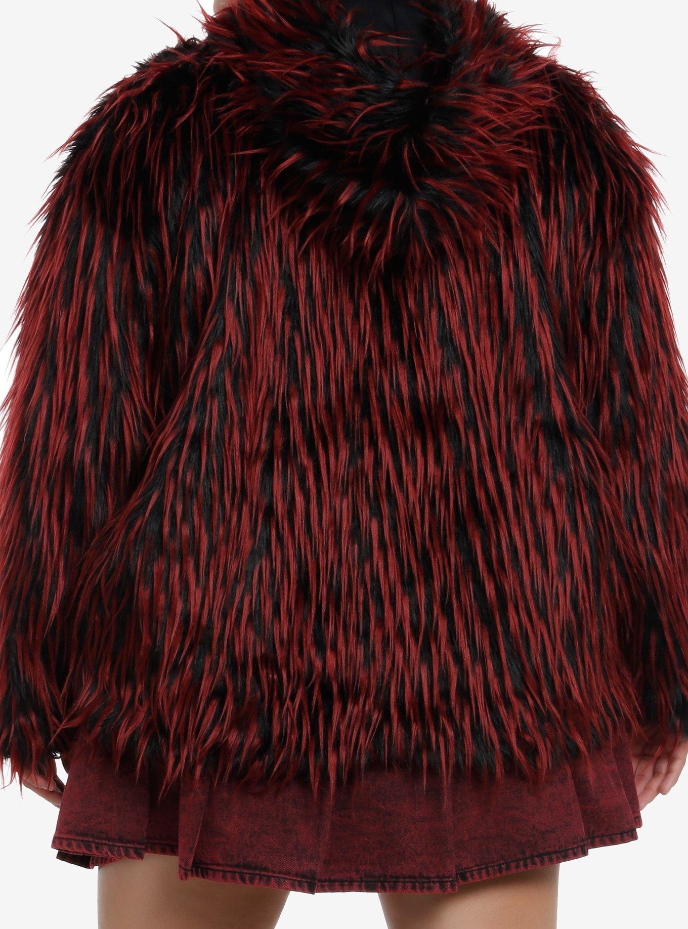 Social Collision Red & Black Faux Fur Girls Hoodie Plus Size, BLACK, alternate
