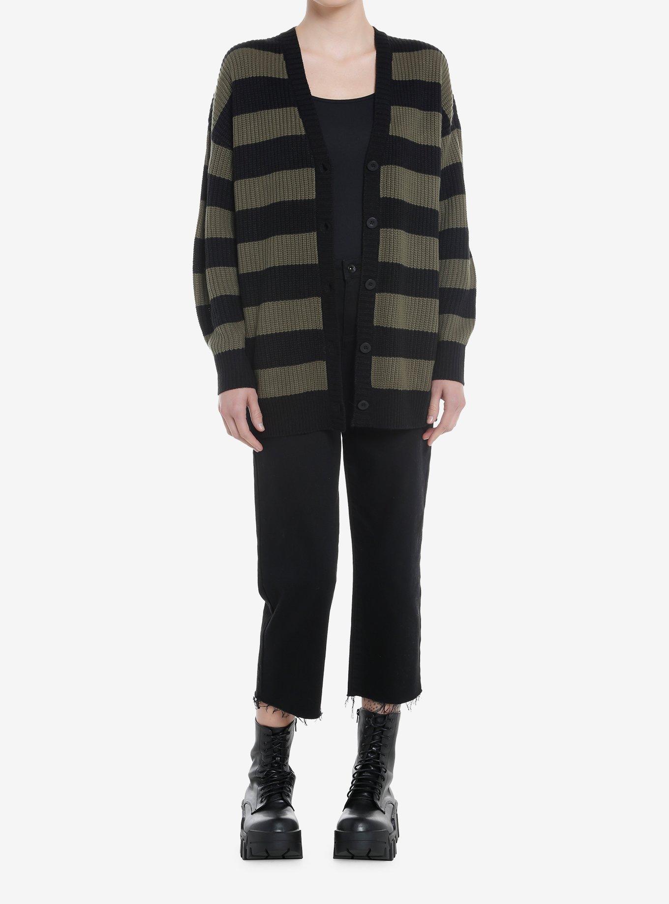 Black & Olive Stripe Girls Oversized Cardigan, OLIVE, alternate