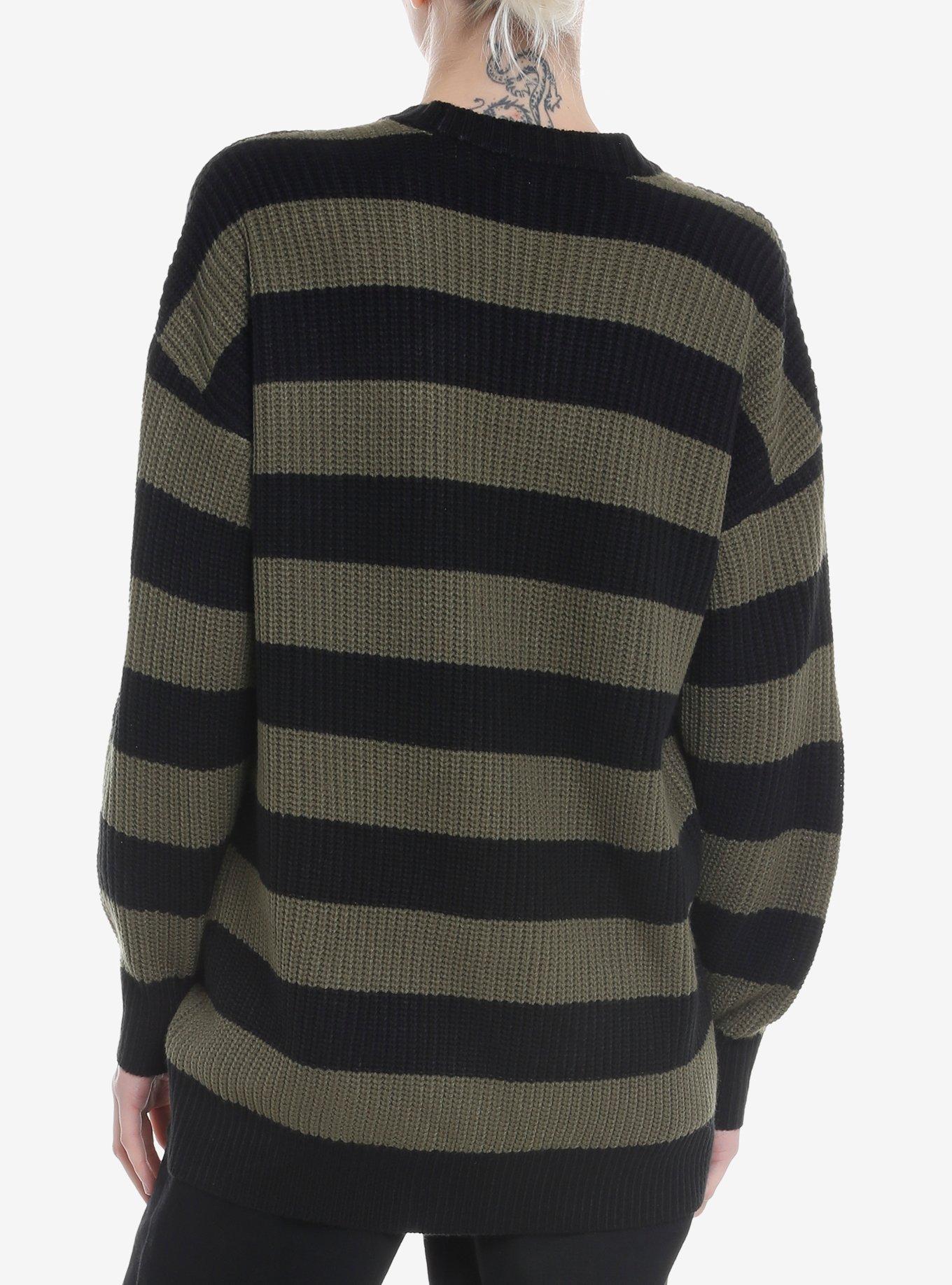Black & Olive Stripe Girls Oversized Cardigan, OLIVE, alternate