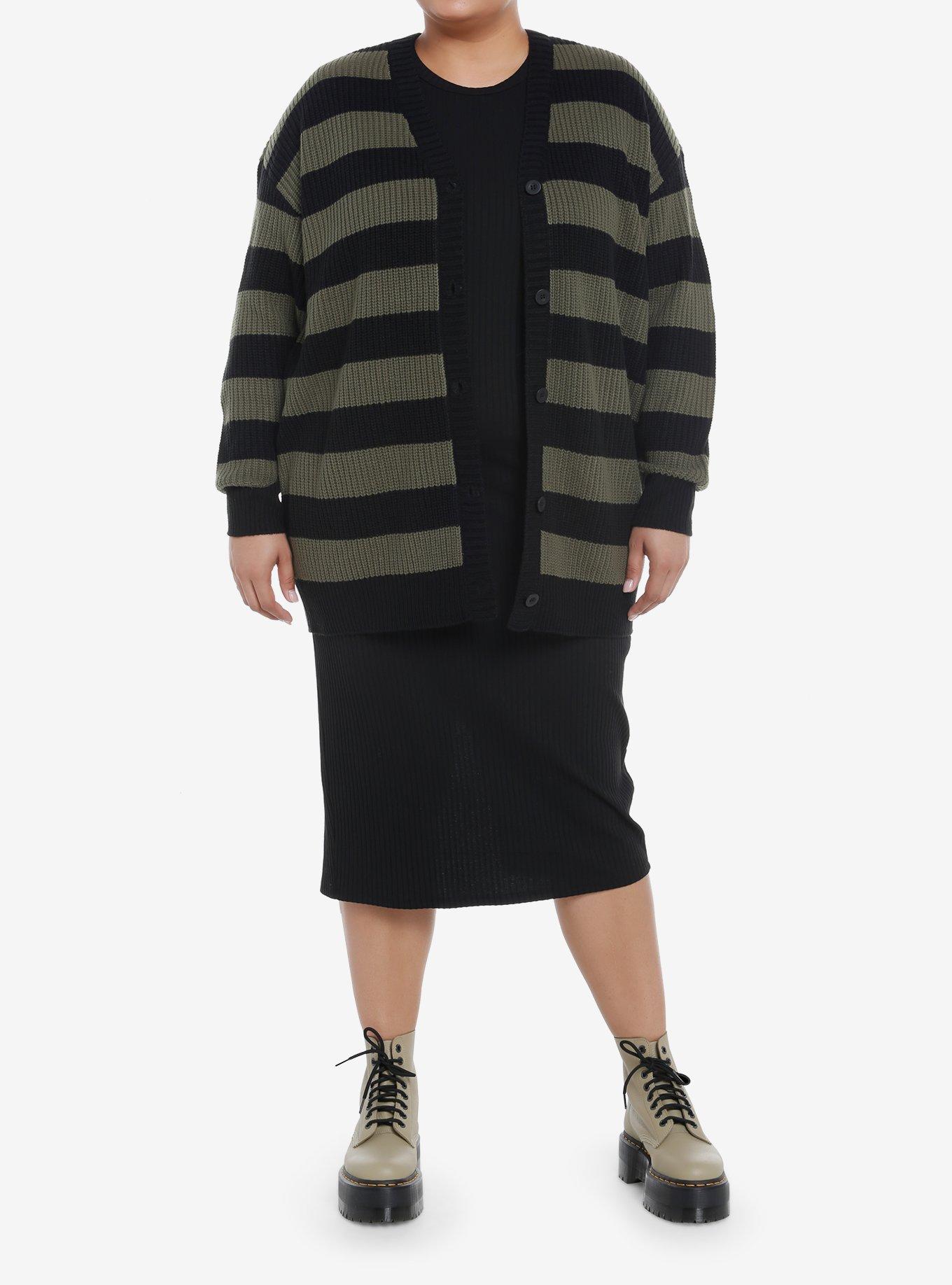 Black & Olive Stripe Girls Oversized Cardigan Plus Size, OLIVE, alternate
