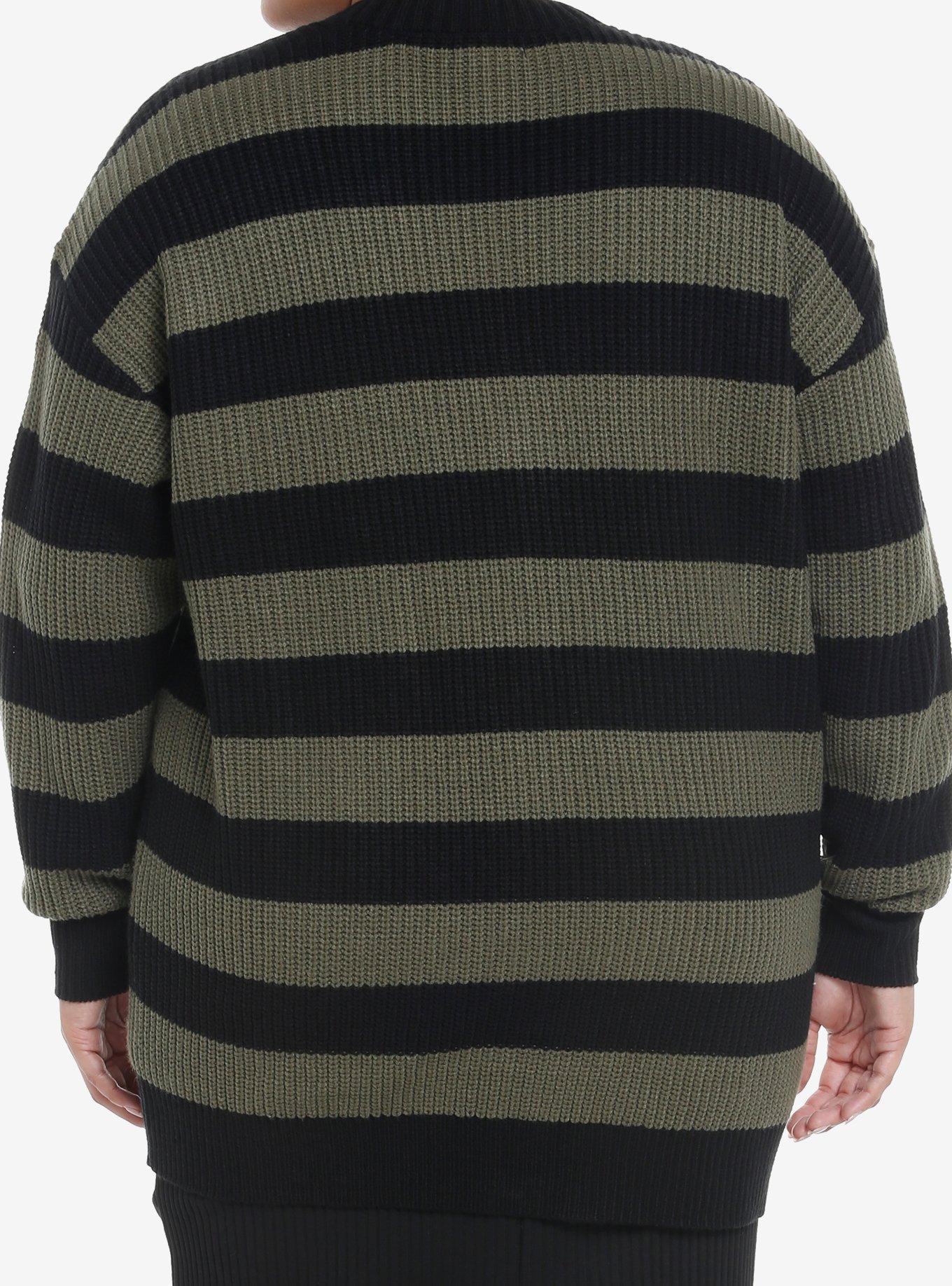 Black & Olive Stripe Girls Oversized Cardigan Plus Size, OLIVE, alternate