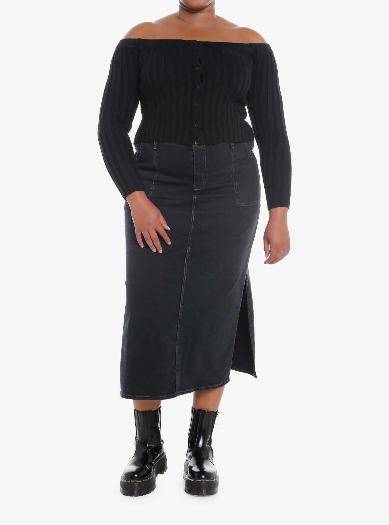 Social Collision Black Off-The-Shoulder Girls Knit Sweater Plus Size, , hi-res