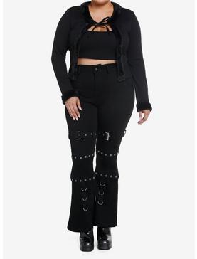 Social Collision Black Faux Fur Tie-Front Girls Cardigan Plus Size, , hi-res