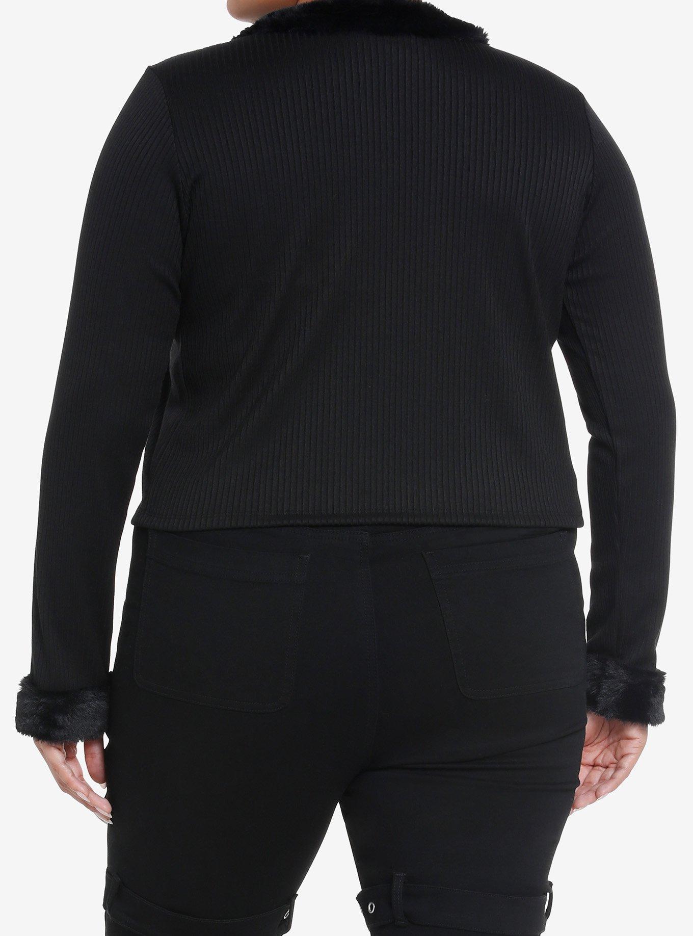 Social Collision Black Faux Fur Tie-Front Girls Cardigan Plus Size, BLACK, alternate