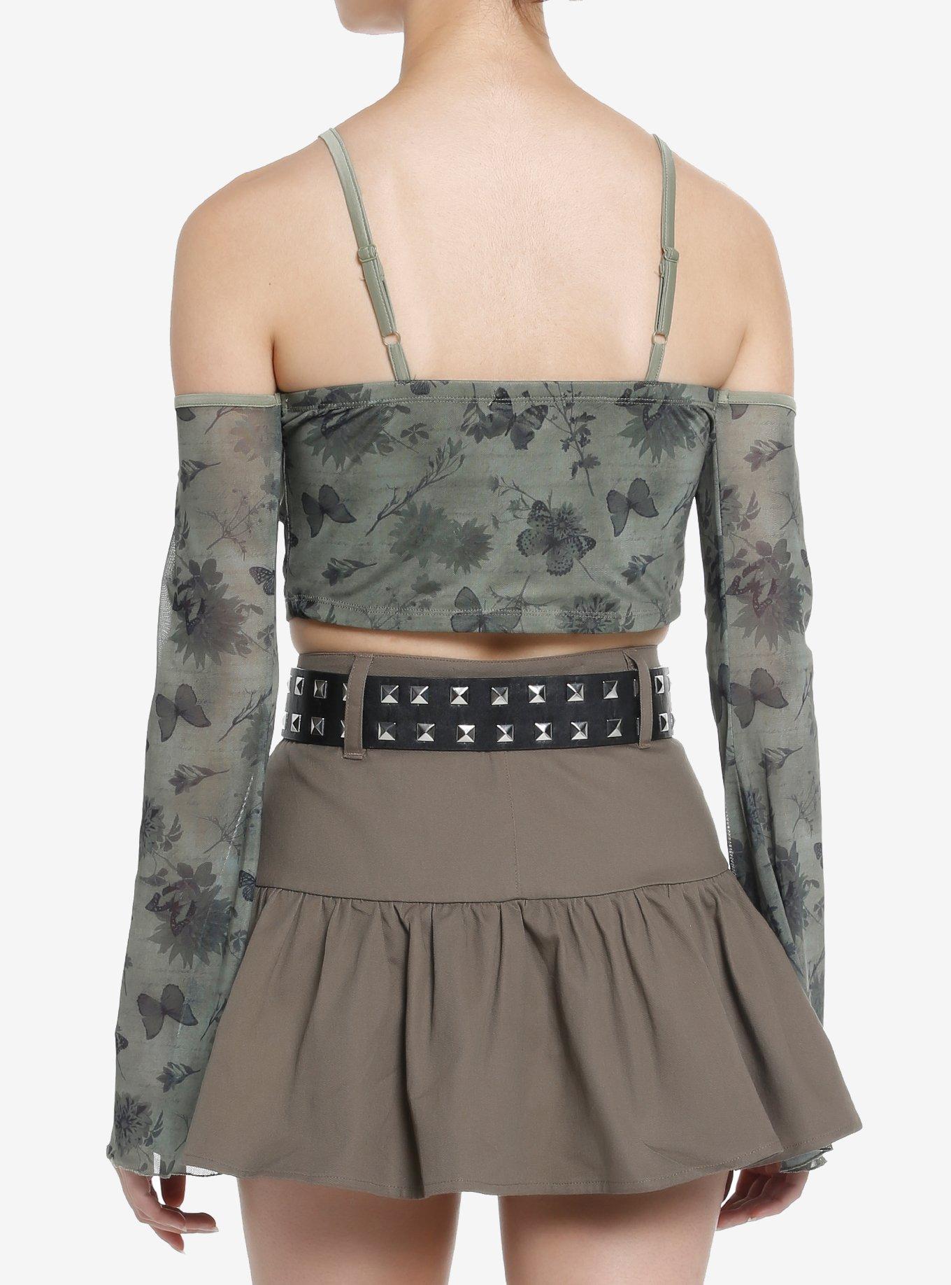 Thorn & Fable Green Butterfly Mesh Girls Cold Shoulder Top, GREEN, alternate