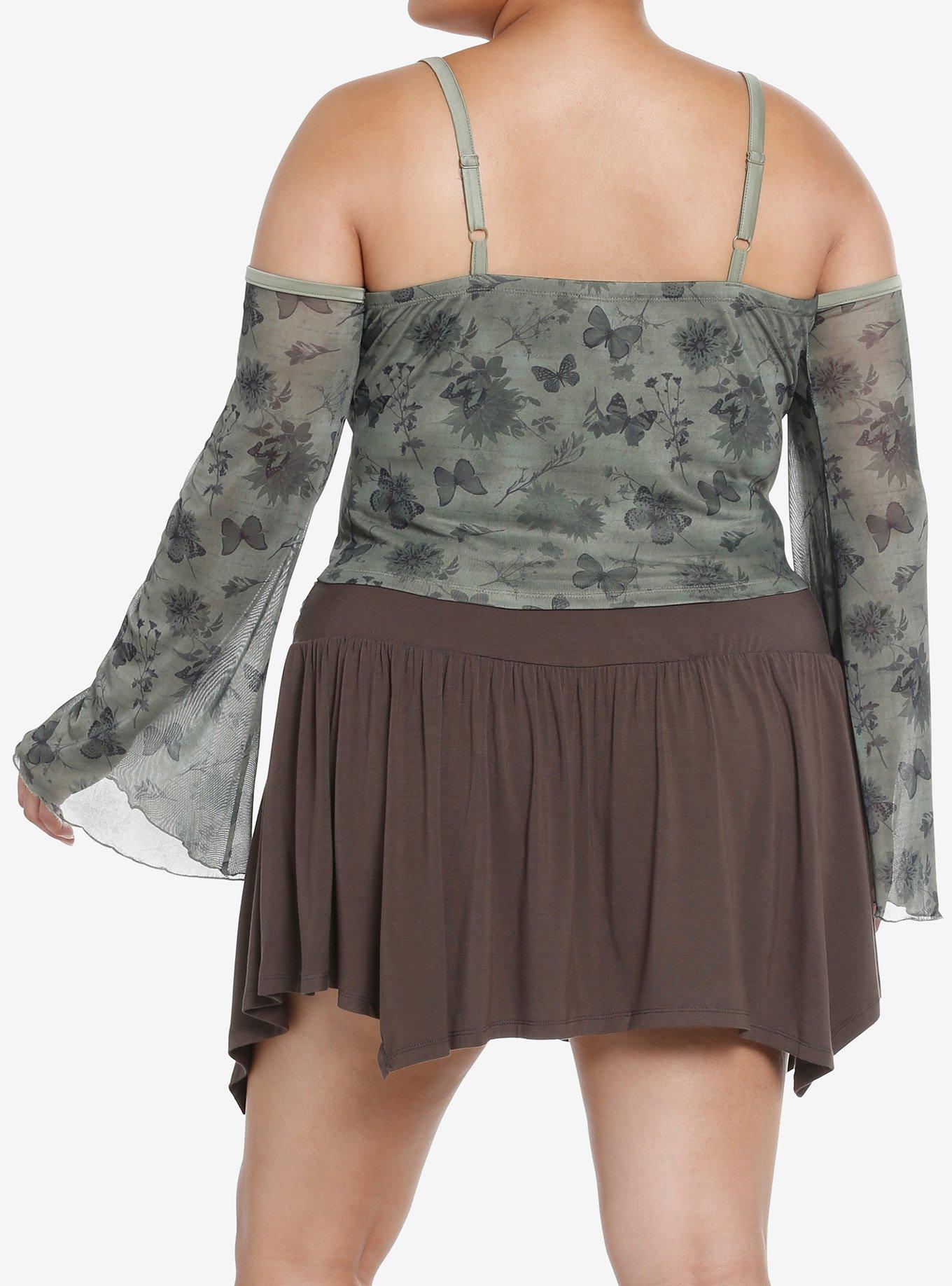 Thorn & Fable Green Butterfly Mesh Girls Cold Shoulder Top Plus Size, GREEN, alternate