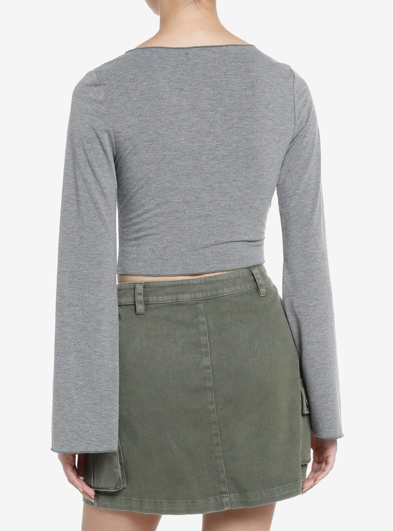 Thorn & Fable Grey & Green Bell Sleeve Girls Long-Sleeve Top, GREEN, alternate