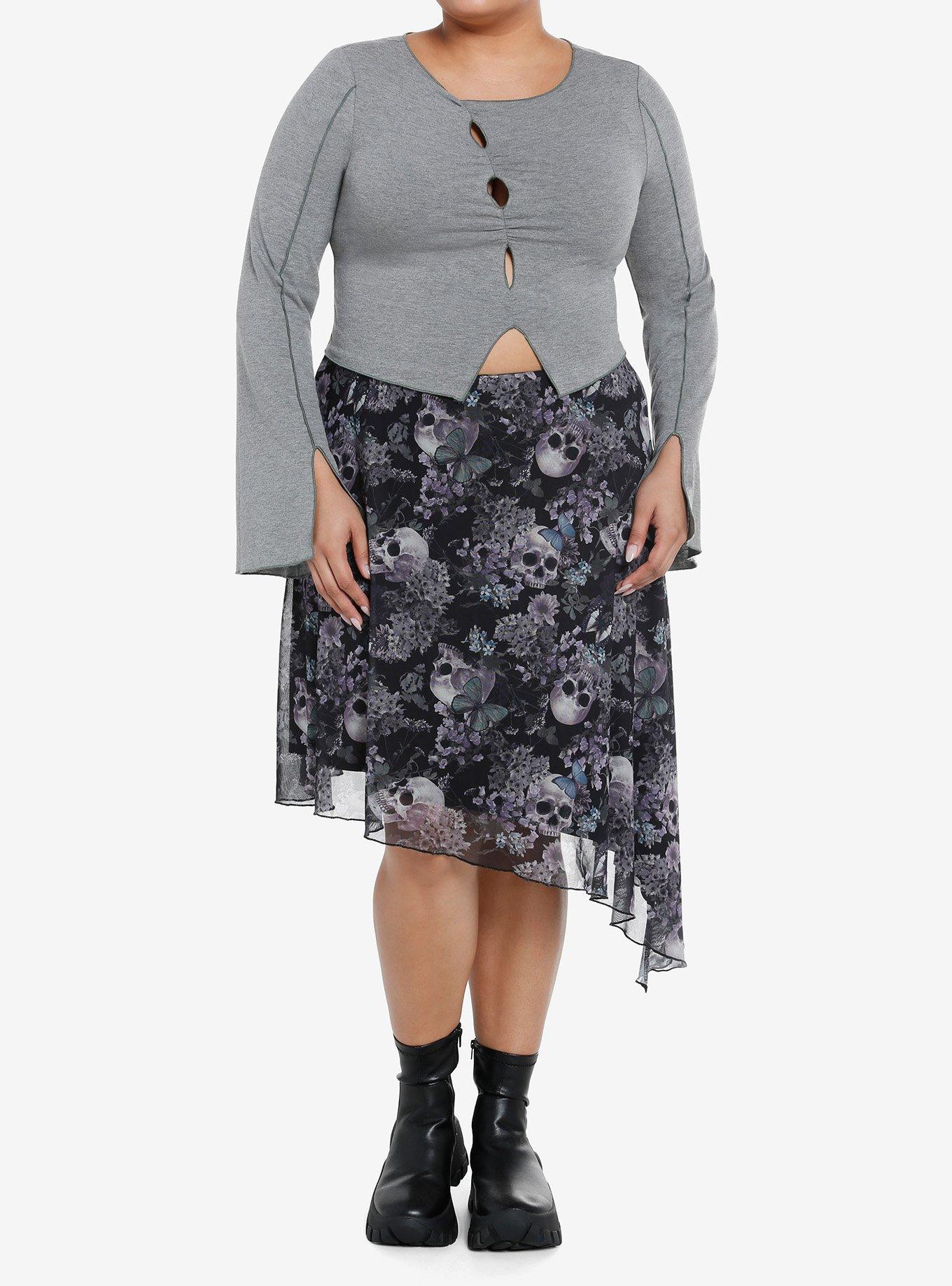 Thorn & Fable Grey & Green Bell Sleeve Girls Long-Sleeve Top Plus Size