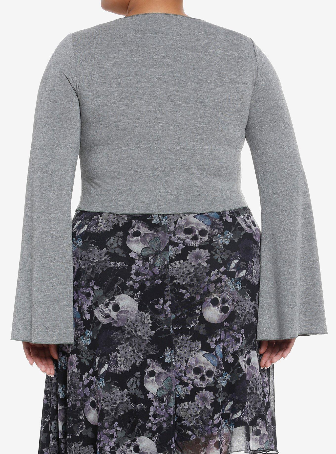 Thorn & Fable Grey & Green Bell Sleeve Girls Long-Sleeve Top Plus Size