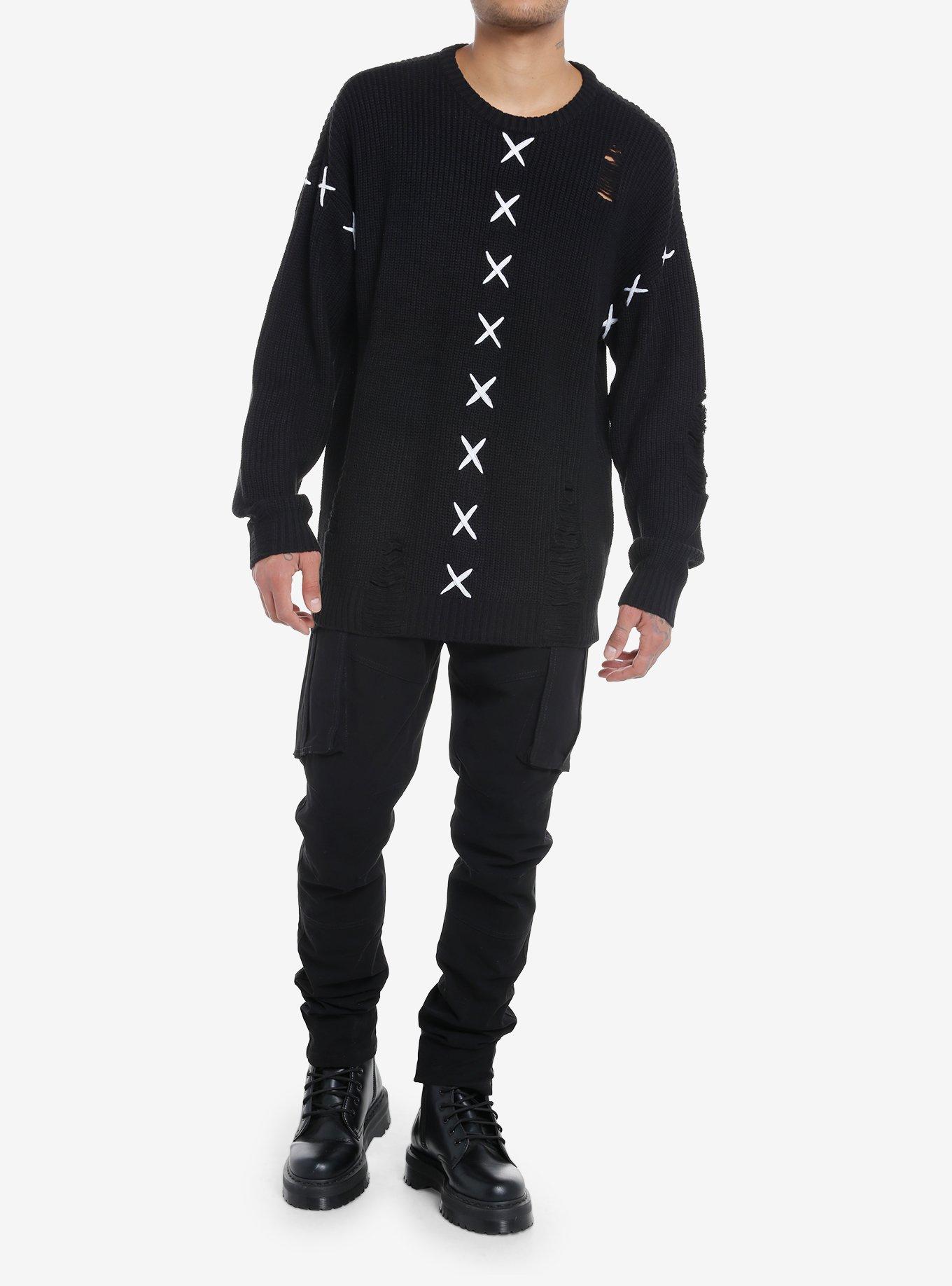 Black Contrast Stitch Destructed Knit Sweater, , alternate