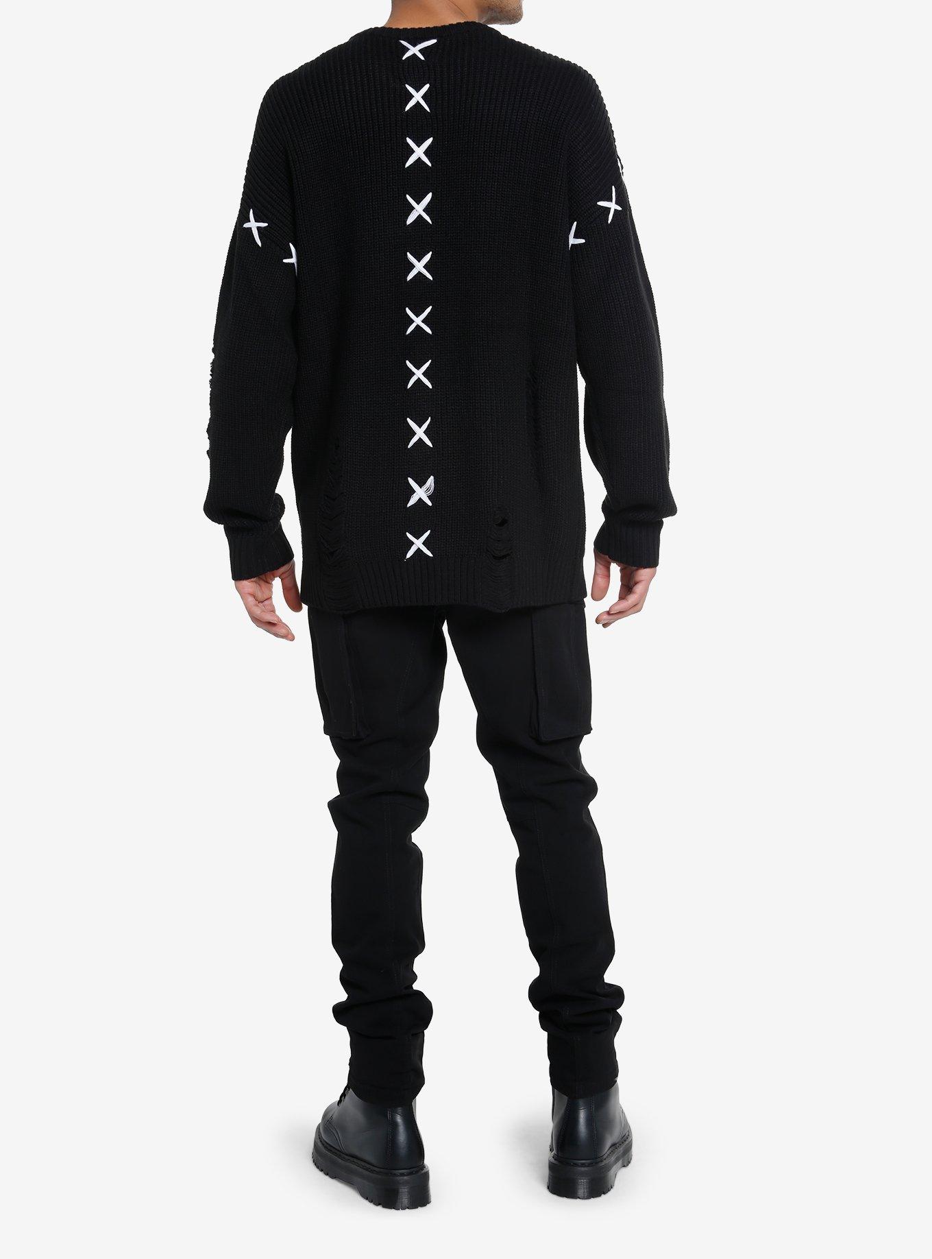 Black Contrast Stitch Destructed Knit Sweater, , alternate