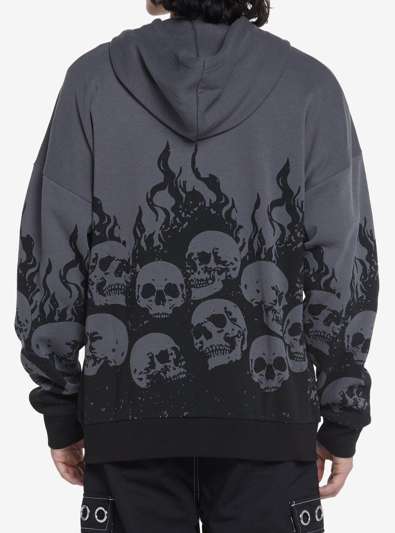 Black & Grey Skull Flame Hoodie, GREY, alternate