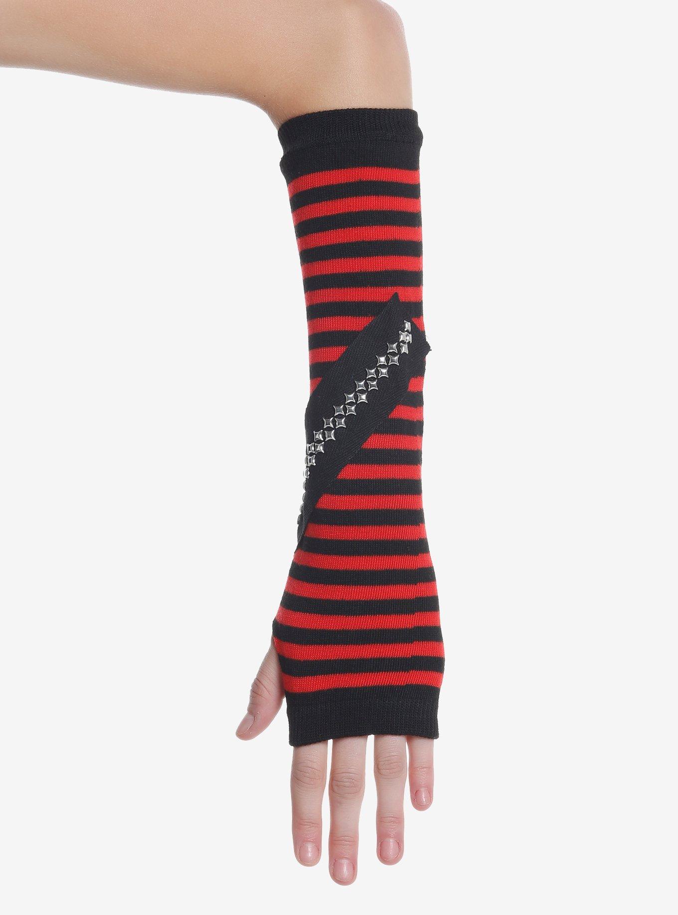 Red & Black Stripe Star Stud Arm Warmers, , alternate