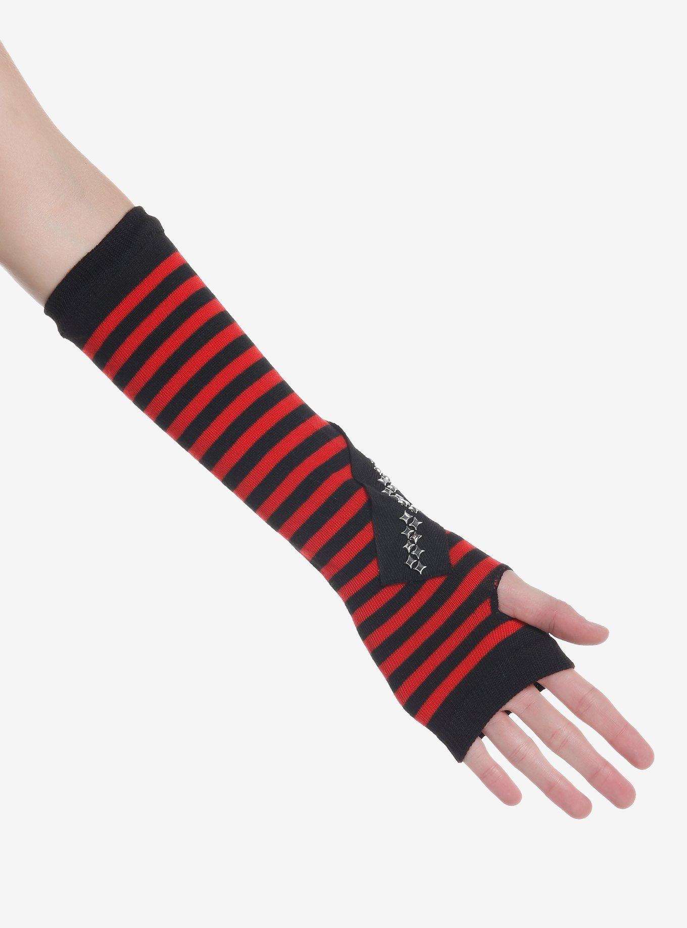 Red & Black Stripe Star Stud Arm Warmers, , alternate