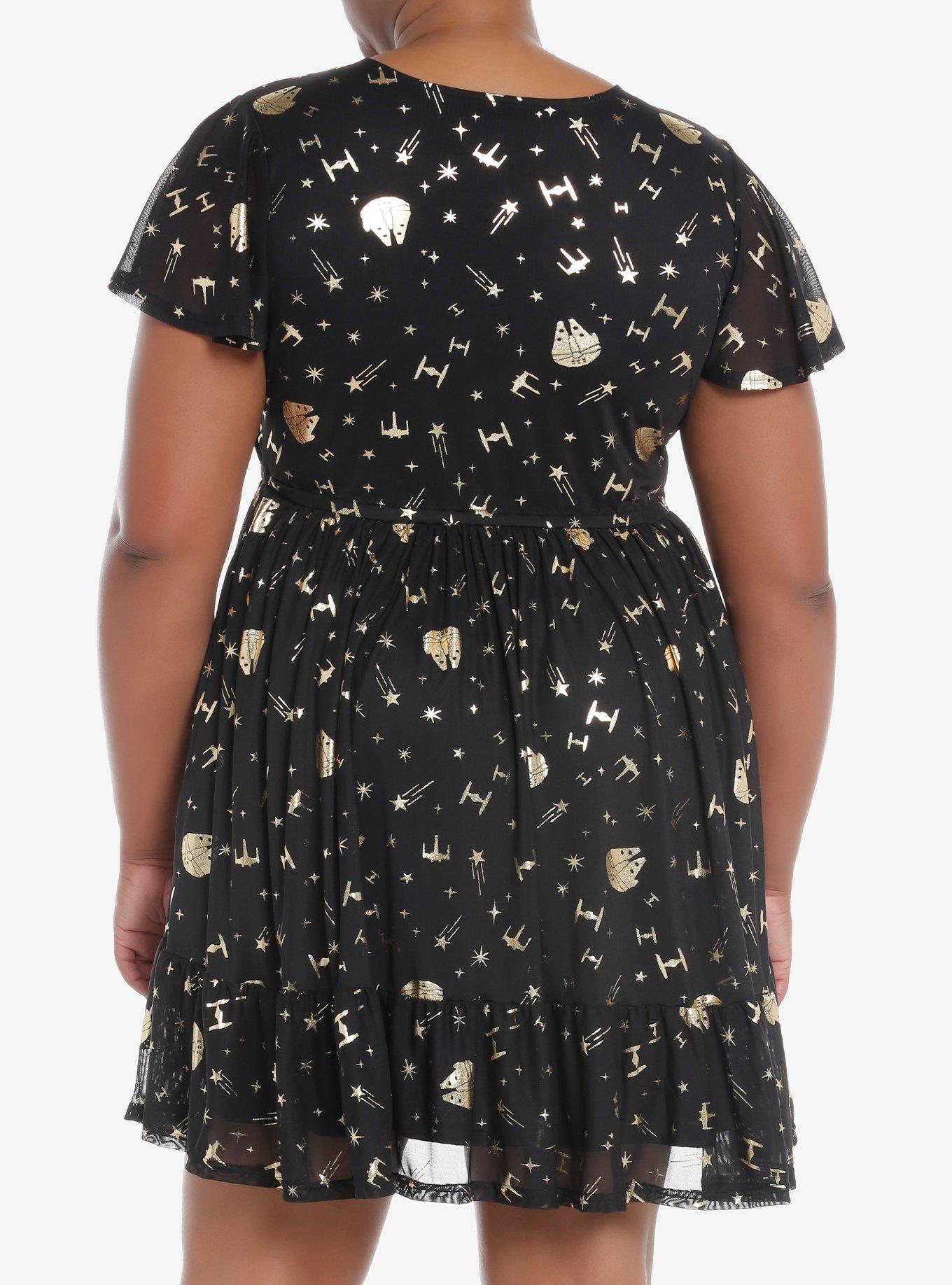 Her Universe Star Wars Metallic Foil Flutter Dress Plus Size, BLACK GOLD, alternate