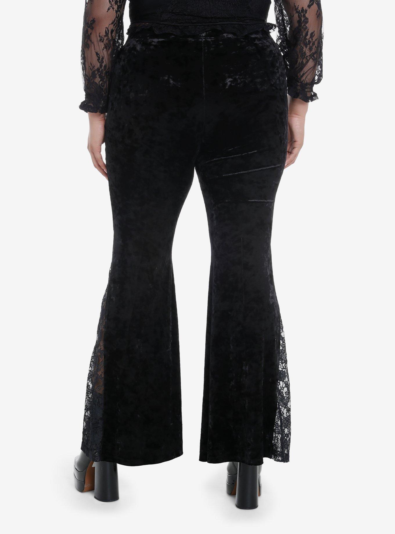 Black Velvet Lace Bell Bottom Leggings Plus Size, , hi-res
