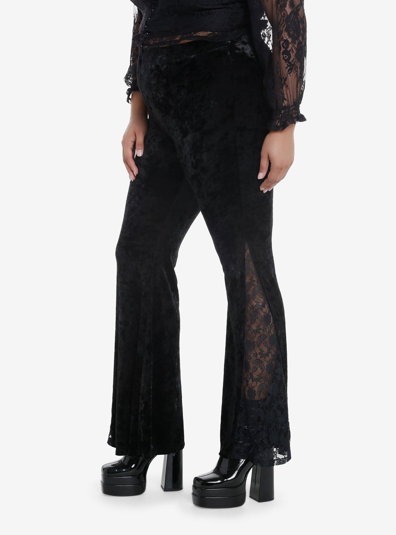 Black Velvet Lace Bell Bottom Leggings Plus Size, BLACK, alternate