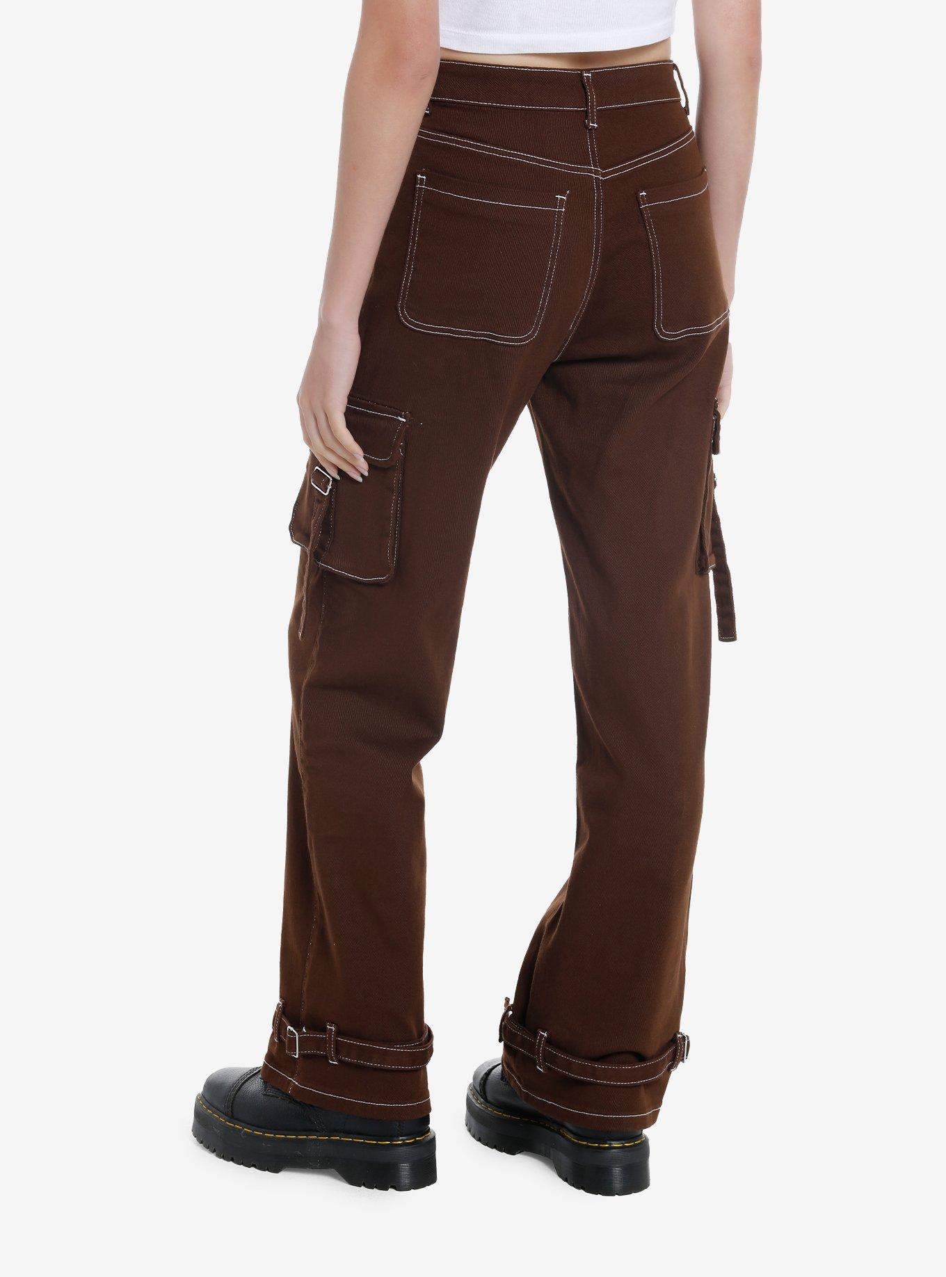 Brown Contrast Stitch Strap Carpenter Pants, BROWN, alternate