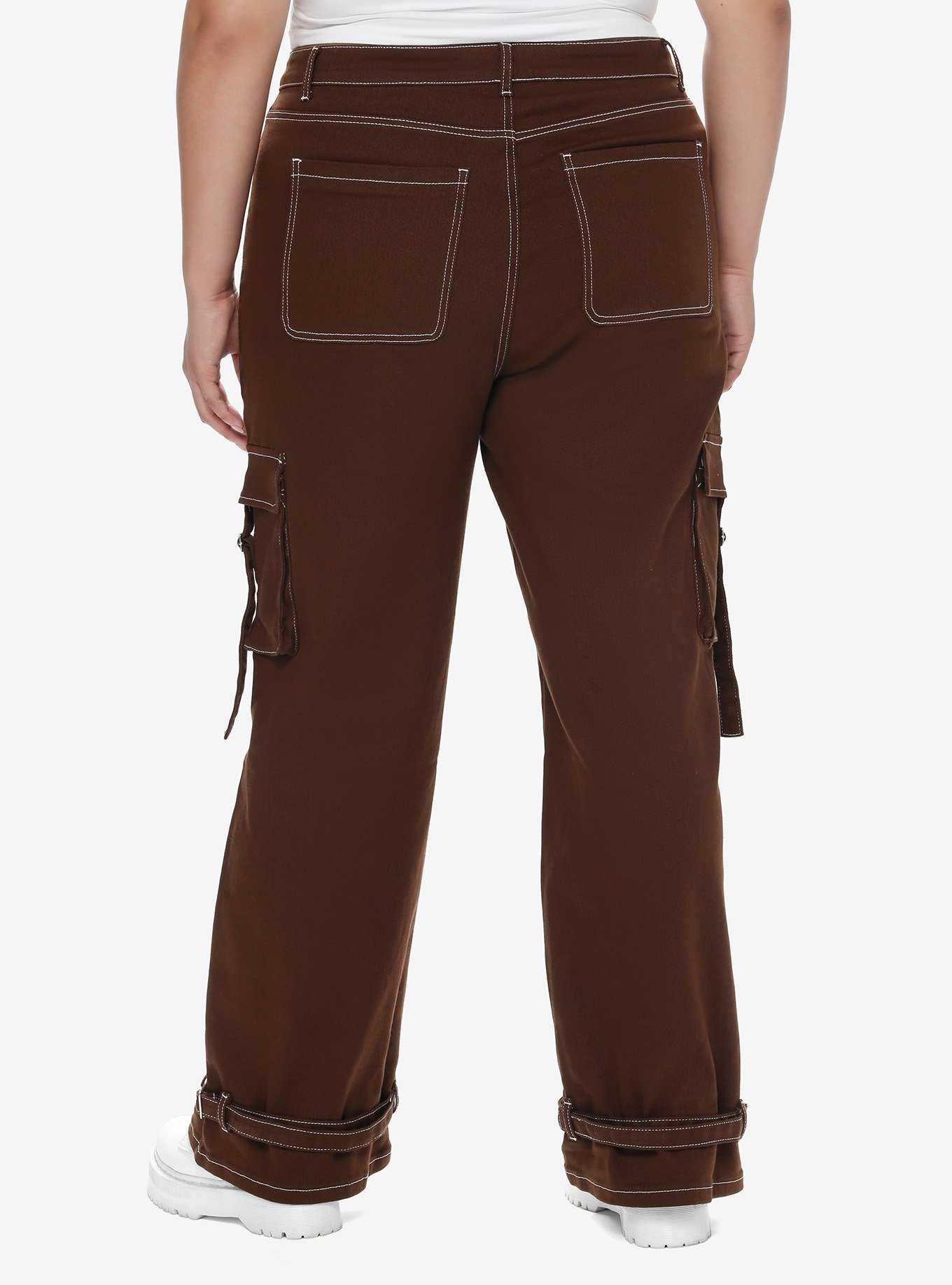 Brown Contrast Stitch Strap Carpenter Pants Plus Size, , hi-res