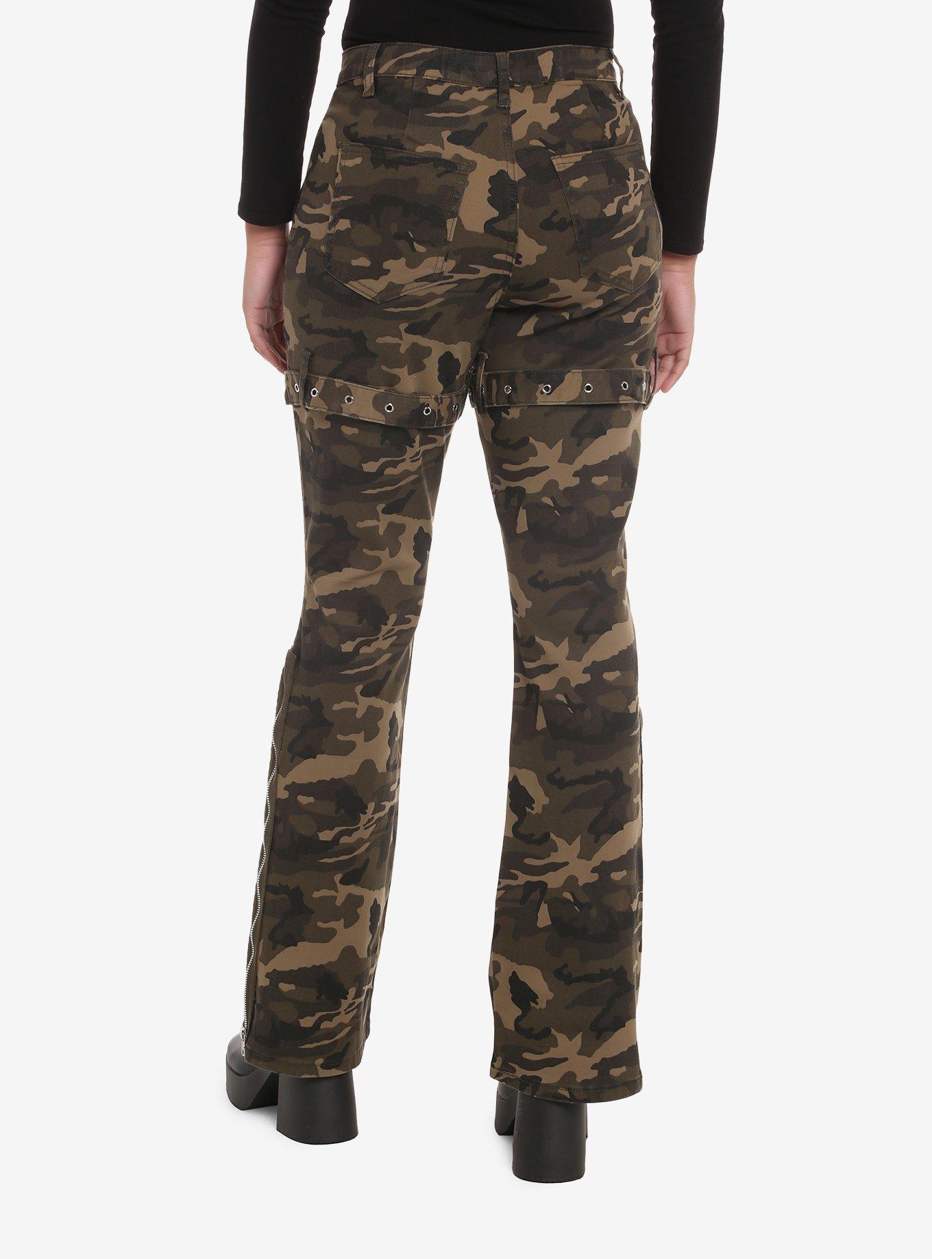 Camo Hardware Zipper Low Rise Flared Pants, BROWN, alternate