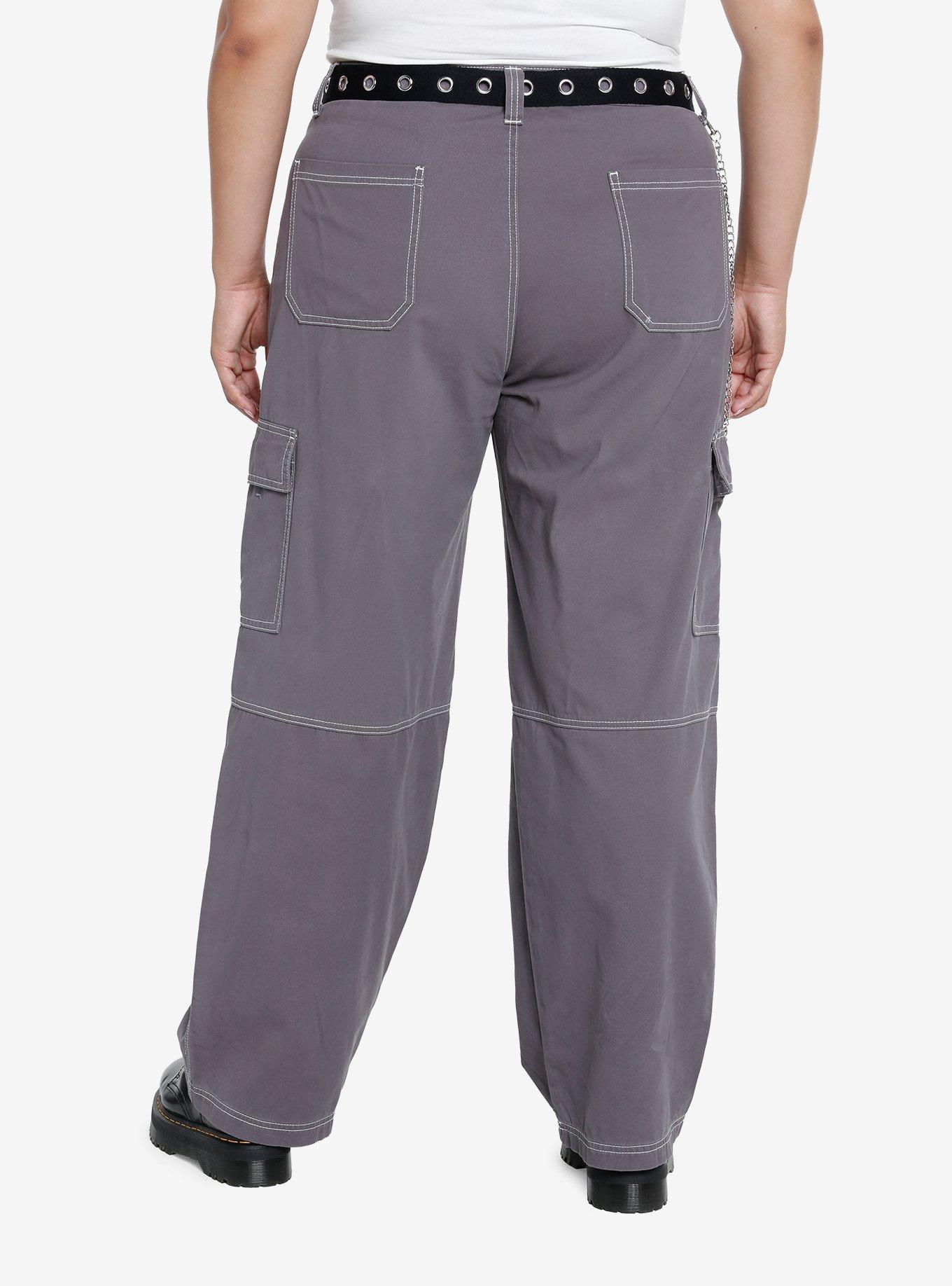 Grey Side Chain Carpenter Pants With Belt Plus Size