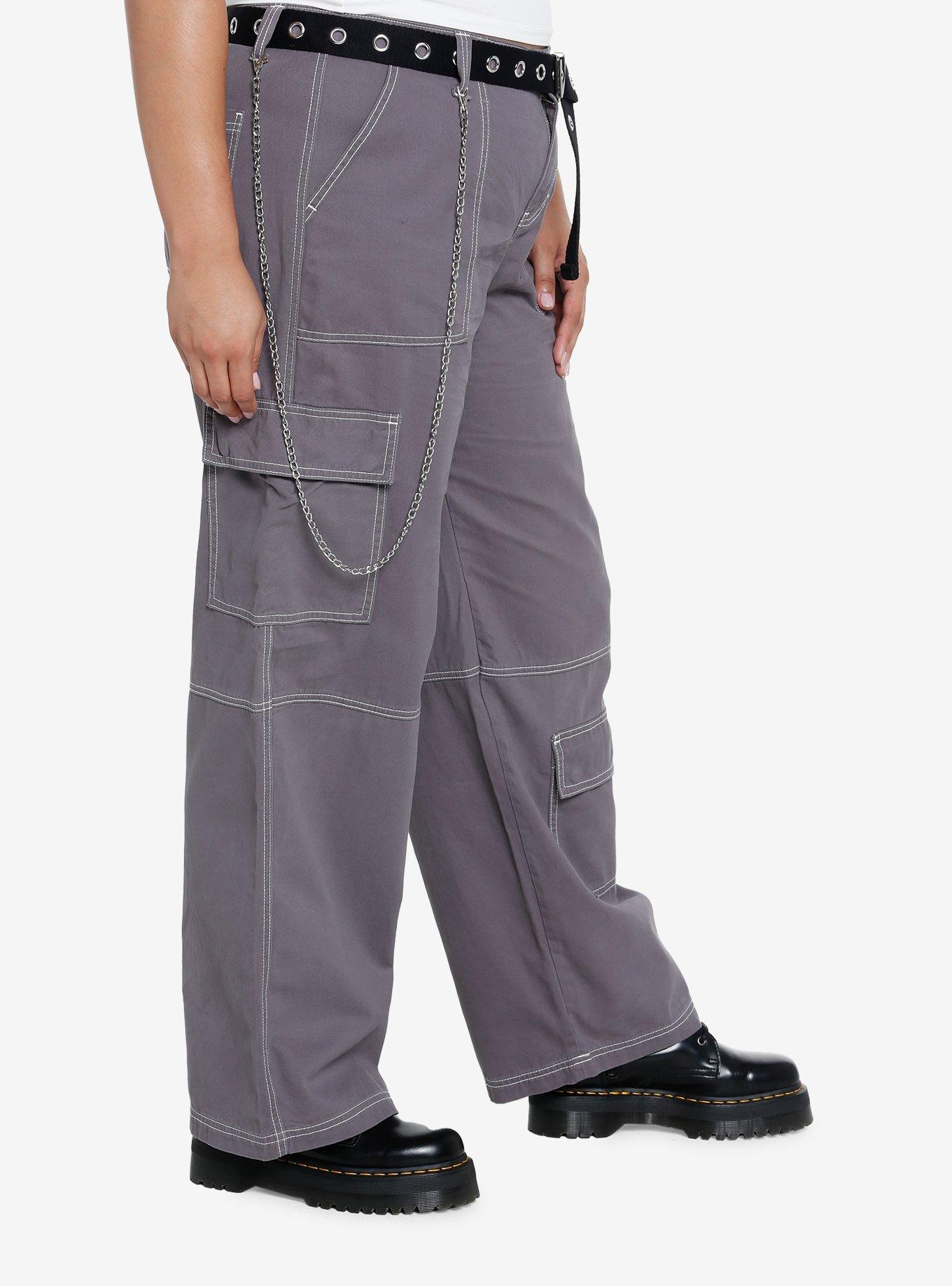 Grey Side Chain Carpenter Pants With Belt Plus Size, GREY, alternate
