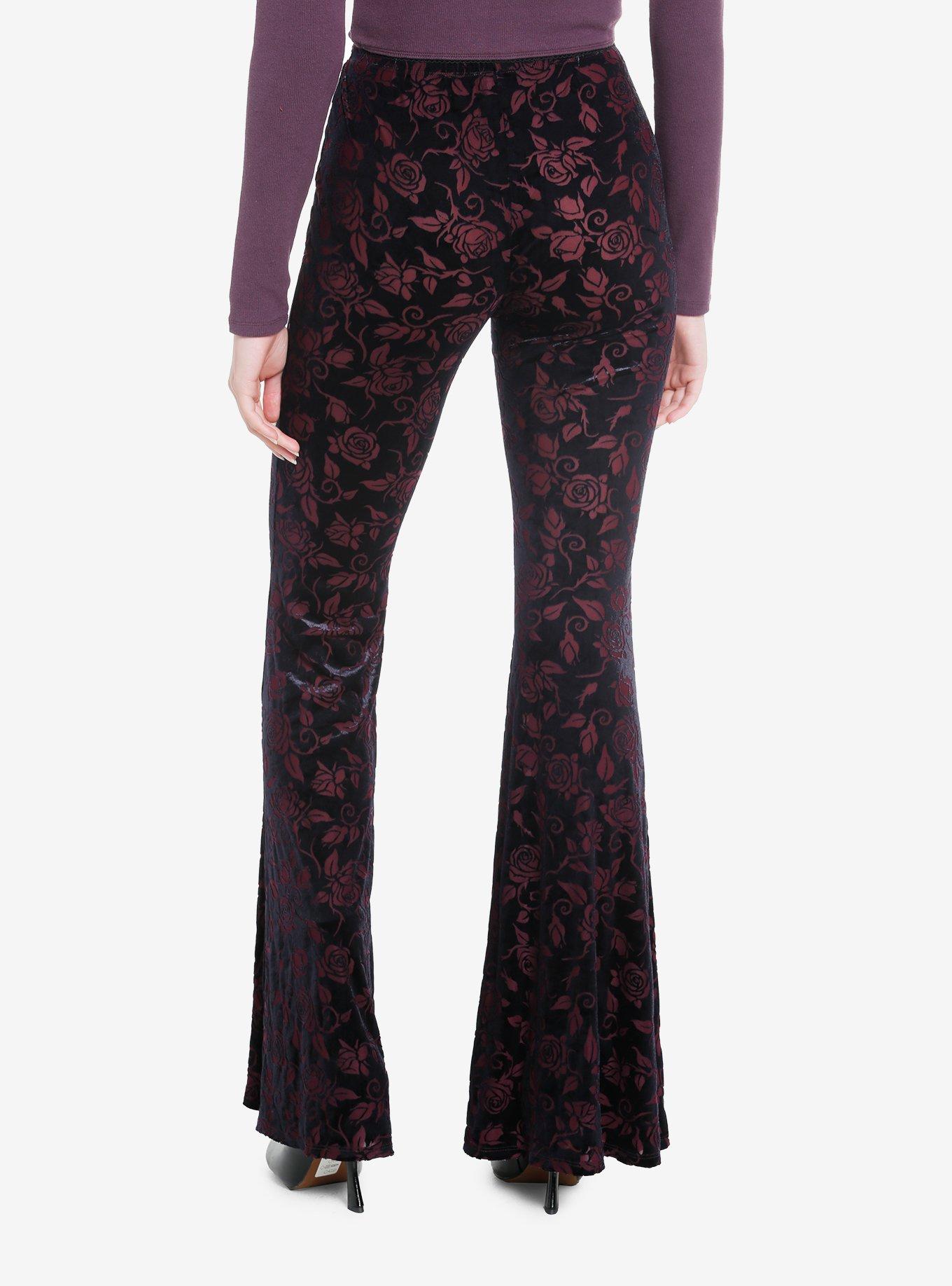 Black & Red Floral Velvet Bell Bottom Leggings, , hi-res